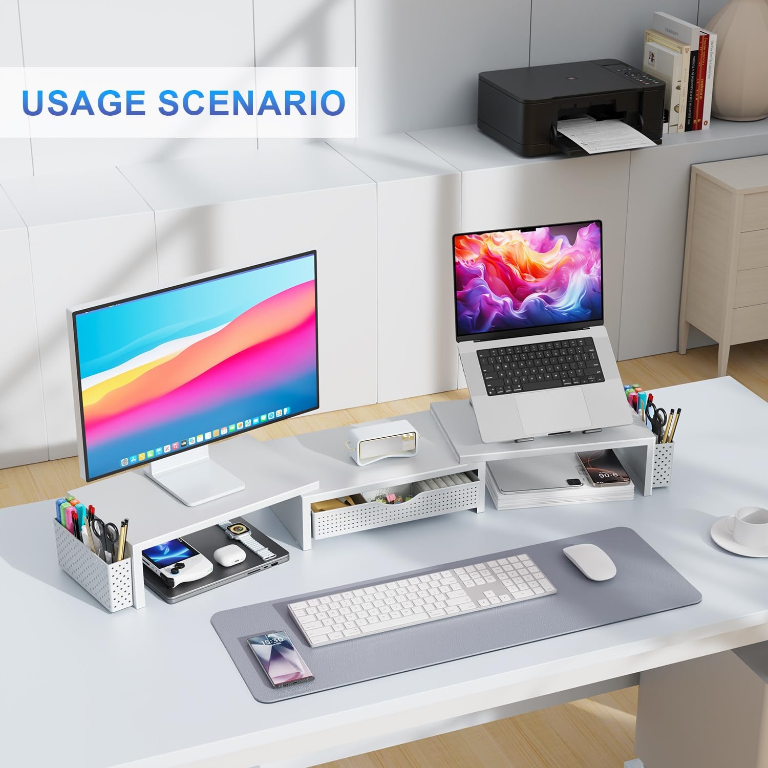 gianotter Dual Monitor Stand Riser, Desk Organizer With Drawer and 2 White
