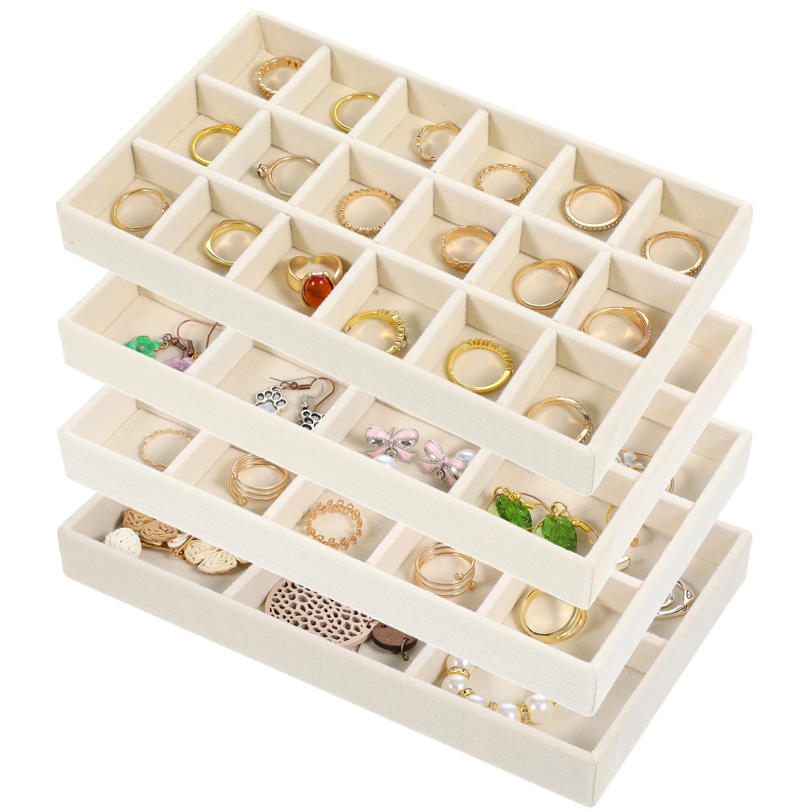 12 Pcs Velvet Jewelry Organizer Trays Set, 4 Styles Stackable Drawer Beige