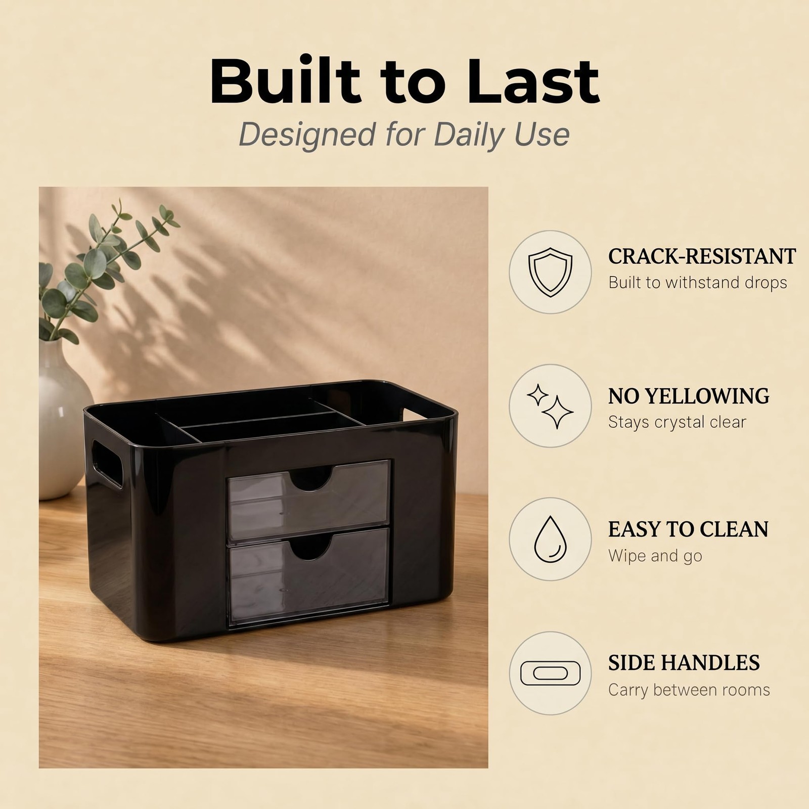Black Desk Organizer with Drawers, 4 Slots, Side Handles, Pen Holder