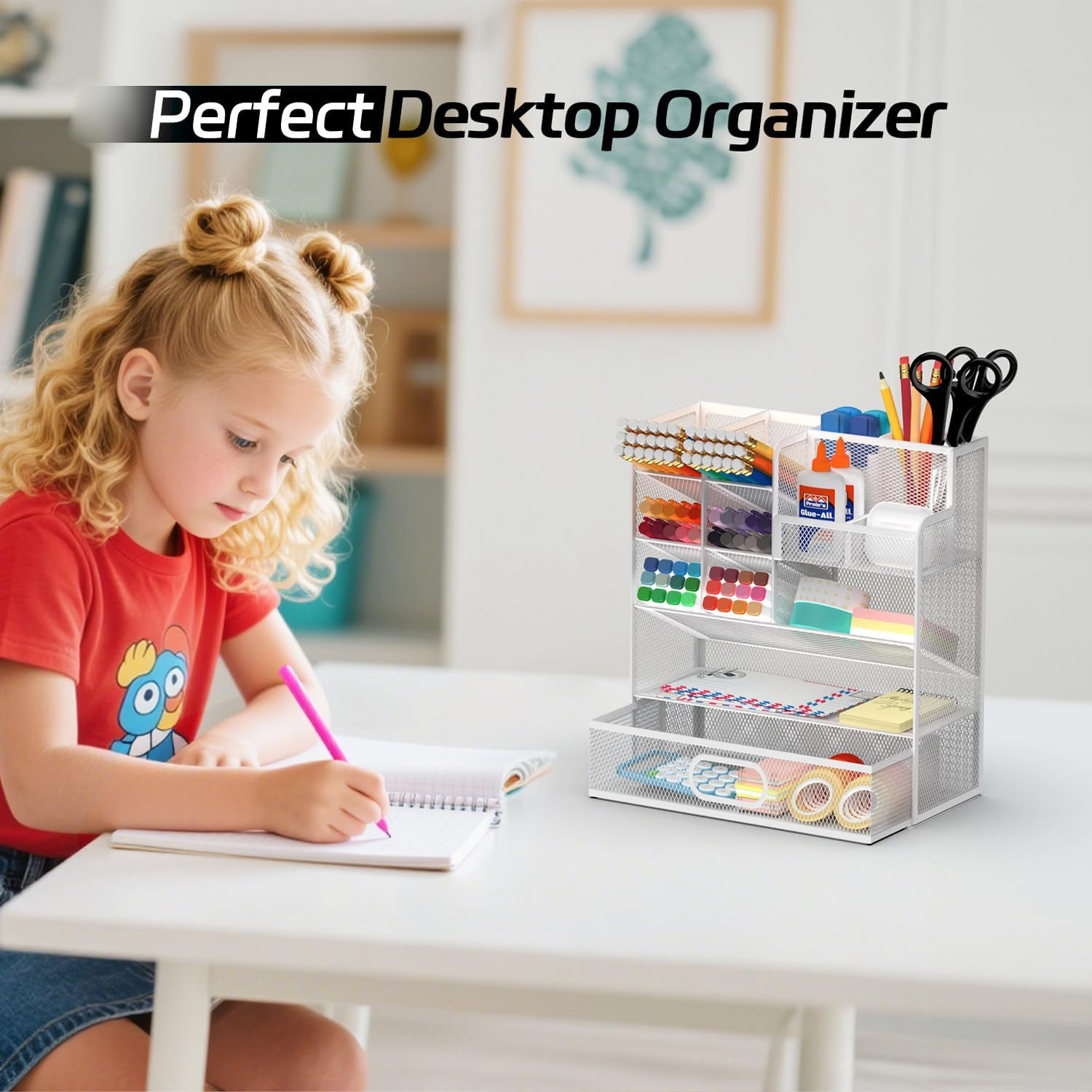 Mesh Pen Organizer for Desk, Multi-Functional Pencil Holder with Drawer Desk Org