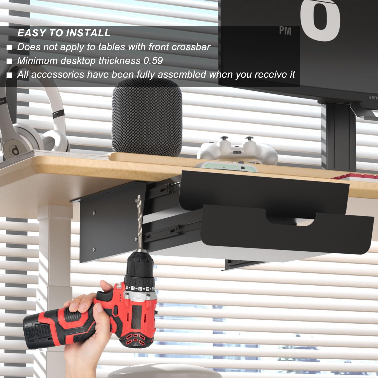Under Desk Mounted Sliding Double Layer Drawer with Tilt Panel to Pull Black