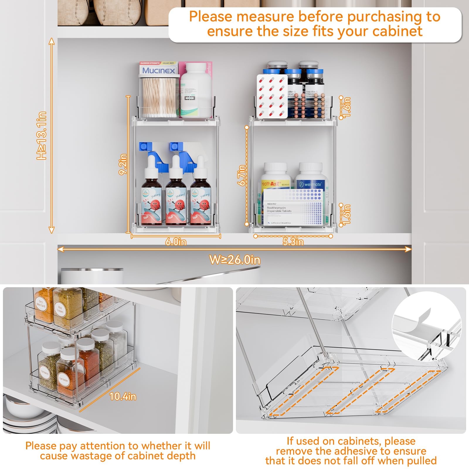 2 Set,2 Tier Pull Out Cabinet Organizer for 10.4″ x 6″ x 9.2″, Clear