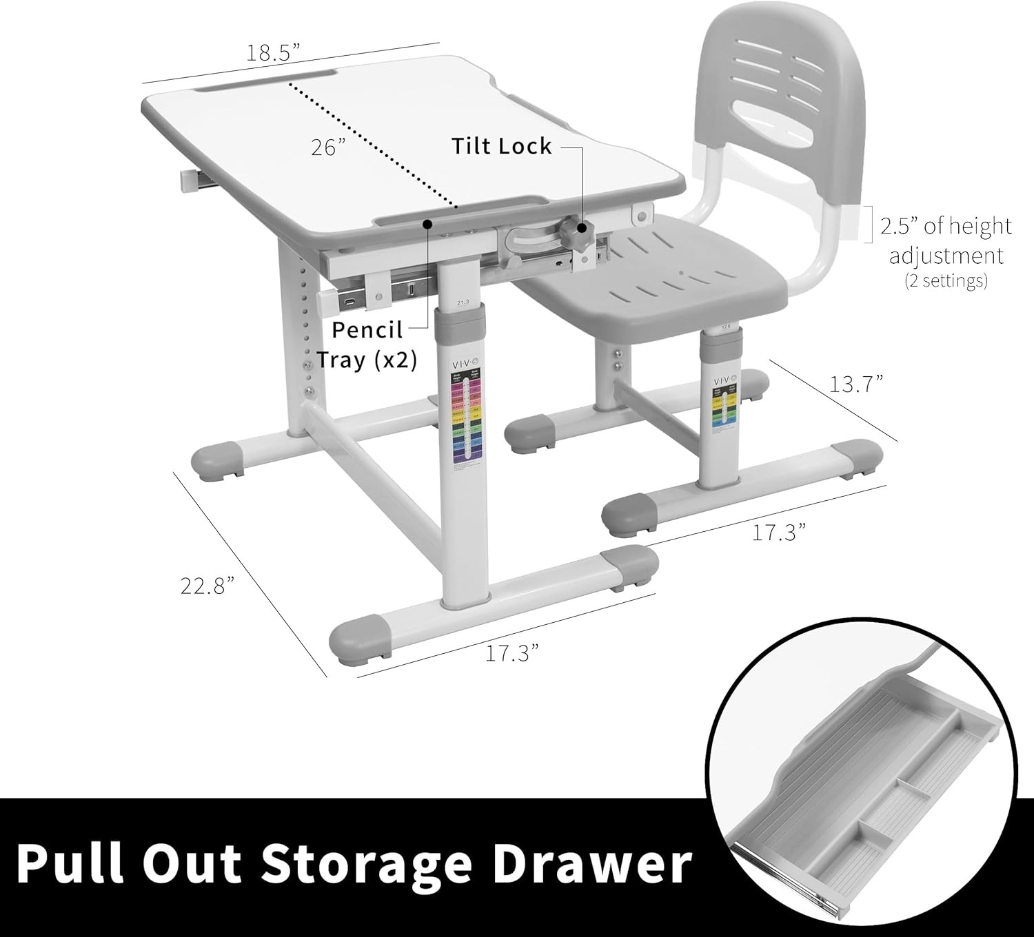 Gray Height Adjustable Childrens Desk and Chair Set | Kids