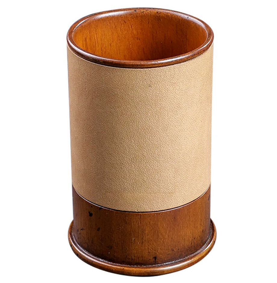 Desktop Pen Stand Tan Leather Wood Holder 4.2″ Pencil Cup Office Desk Organizer