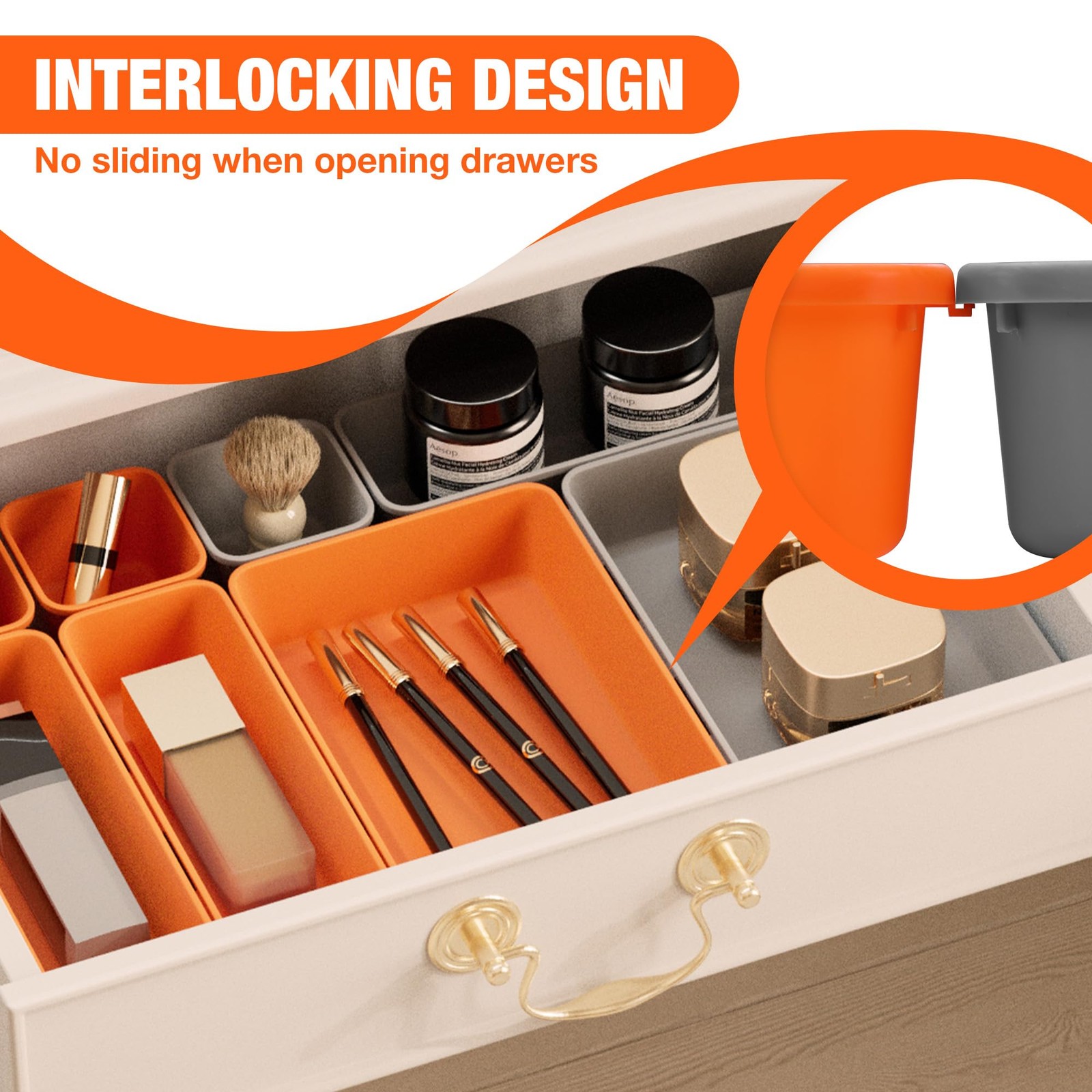 21 PCS Orange Gray Interlocking Desk Drawer Organizer Bins Stackable Storage