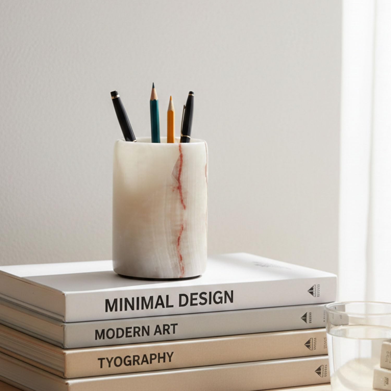 Marble Pen Holder For Desk 4″ Inches White Onyx Handmade Makeup Brush Cup for…