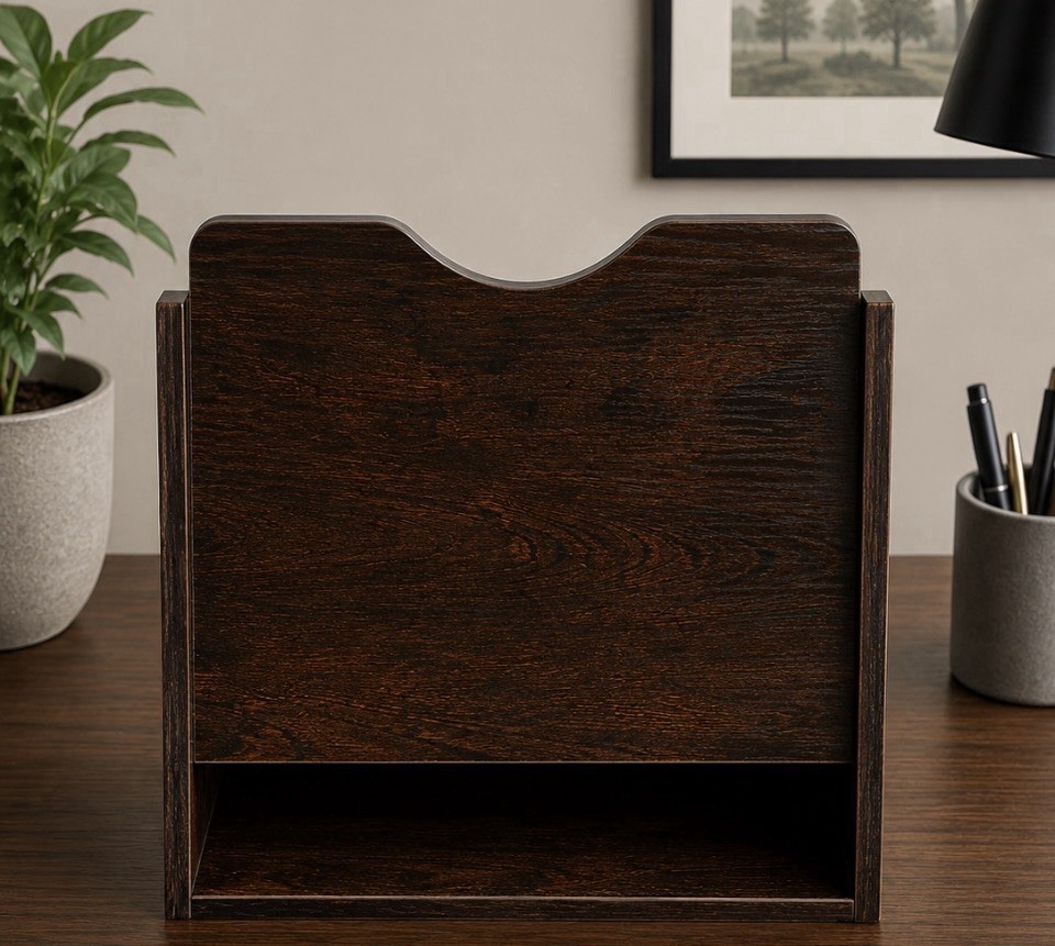 Dark Espresso Wood Desktop File Organizer Mail Sorter 6 Slot w/ Drawer
