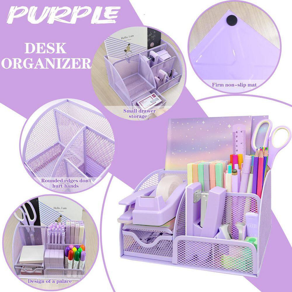 17-Pieces Purple Office Desk Accessories Set Mesh Organizer Stapler Tape Dispens