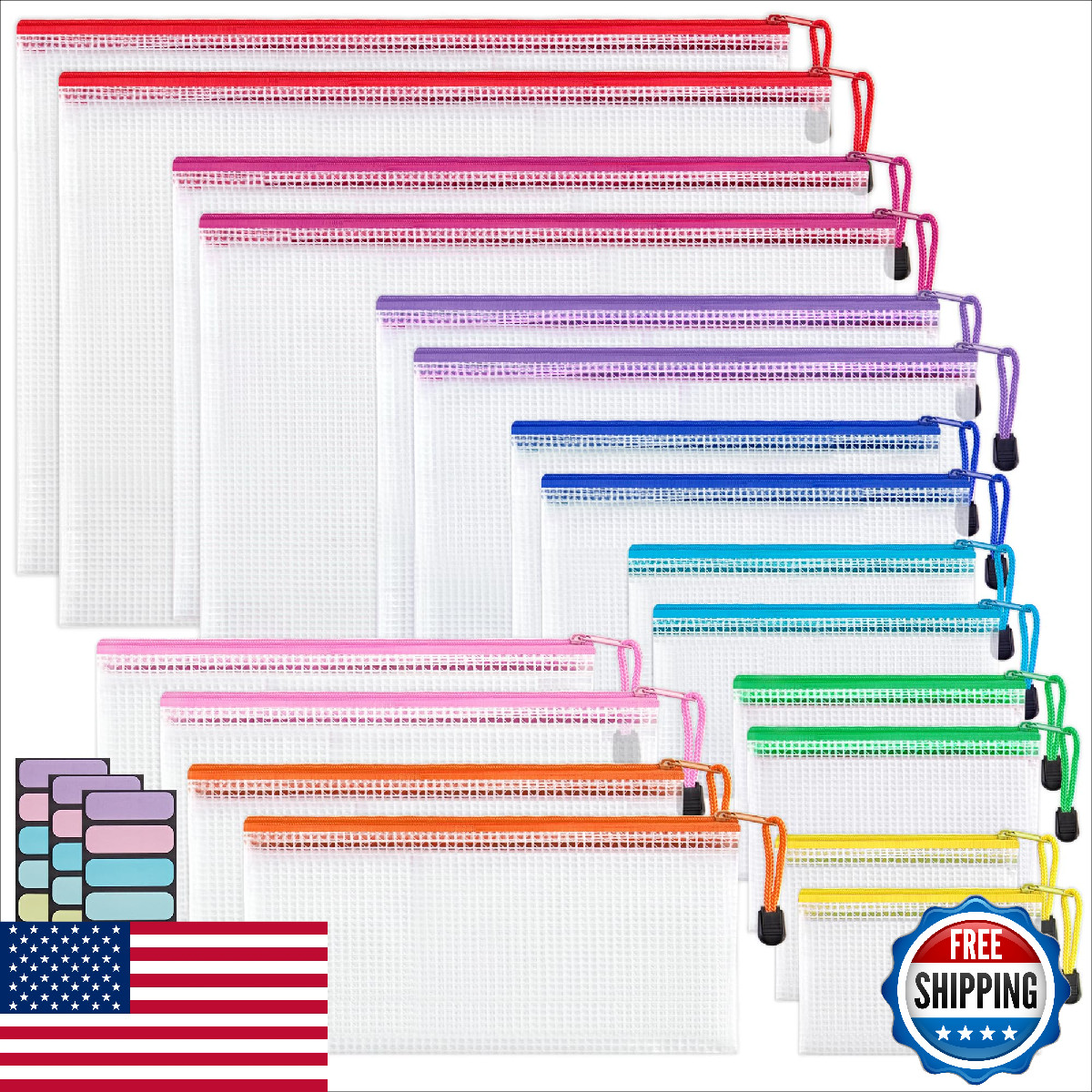 Jarlink 18 Pack 8 Sizes Mesh Pouch 9 Colors Waterproof Zipper Bags Document