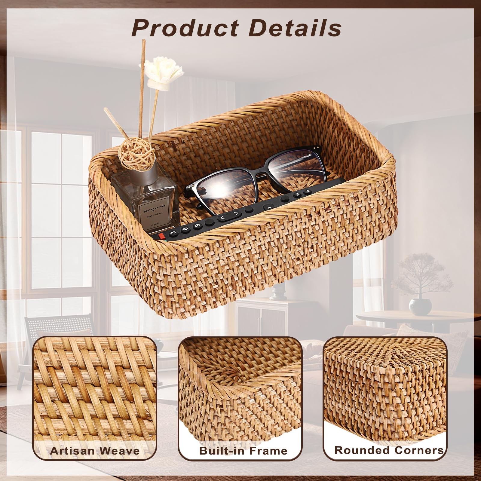 Small Remote Basket for Coffee Table Entryway Living Room Rattan Serving Tray…