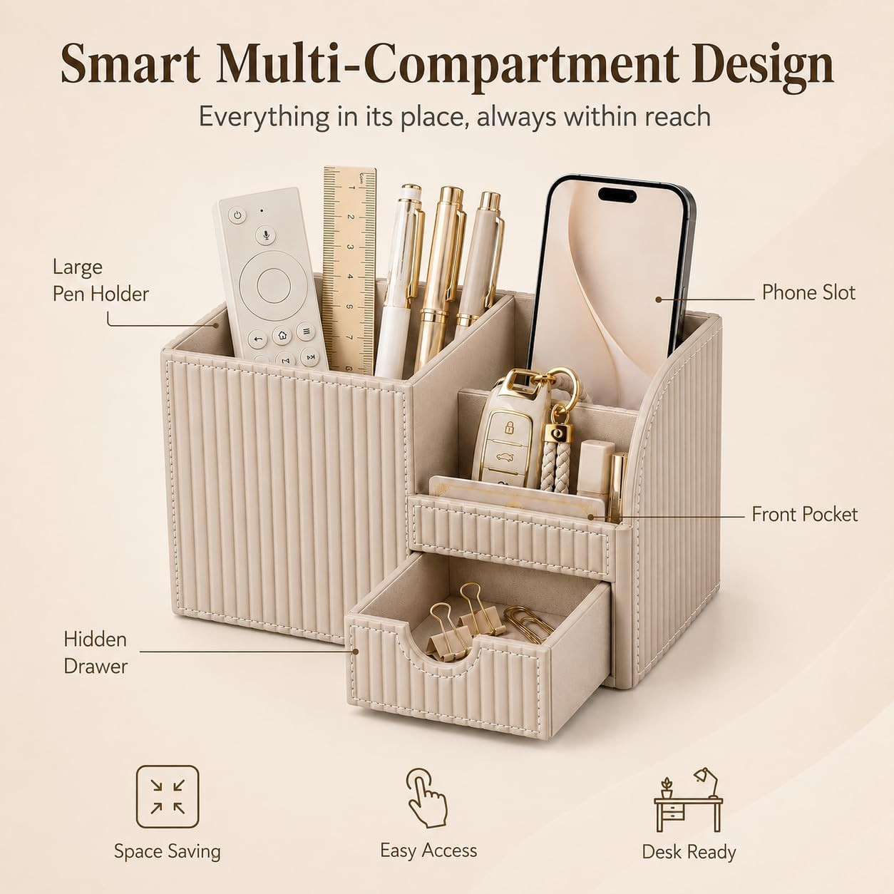 PU Leather Desk Organizer with Drawer Multi Compartment Office Storage Black Set