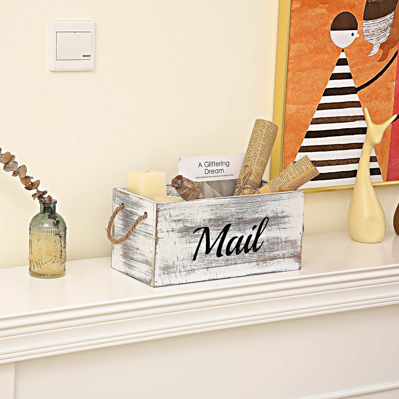 Rustic Wood Mail Holder Box Letter Organizer Chalkboard Handles Desk White