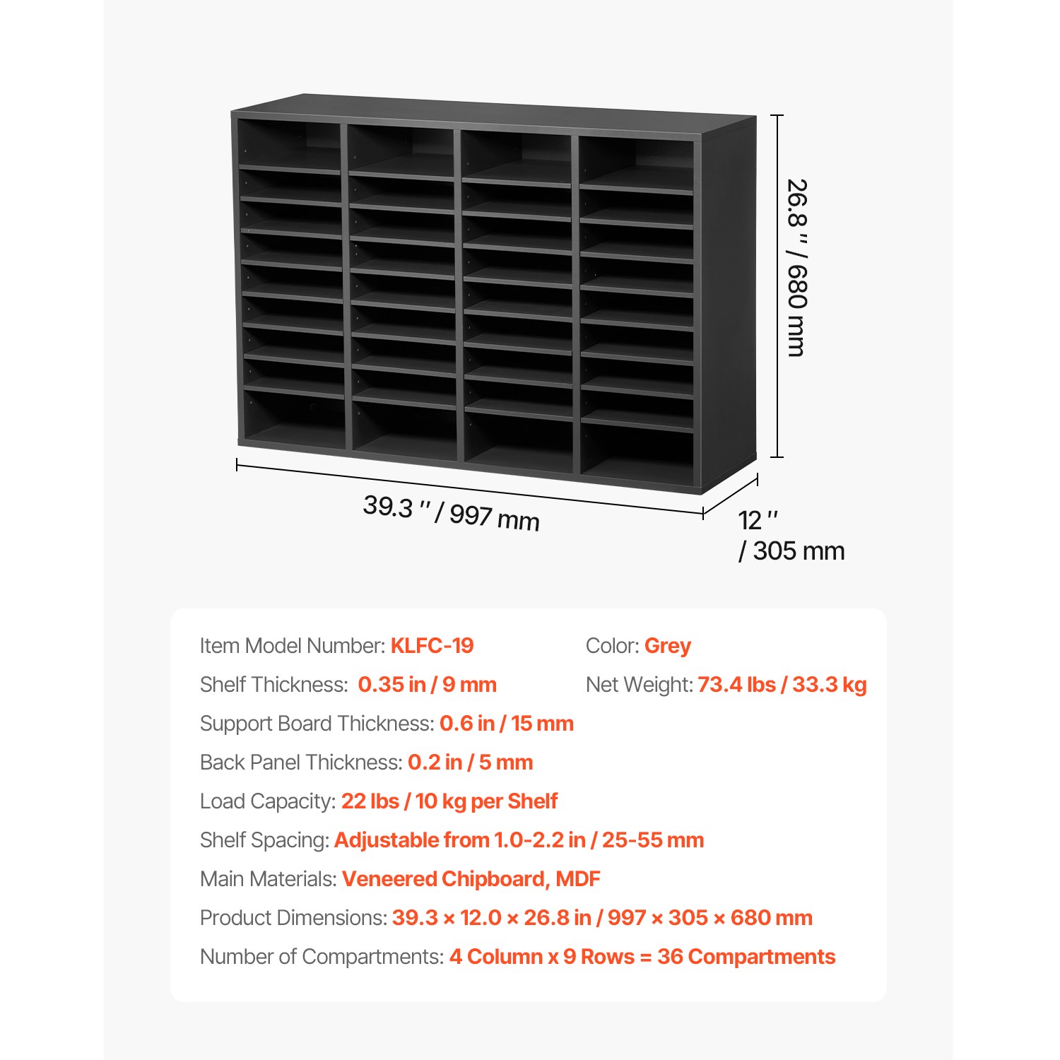 Uimoso Wooden Literature Organizer 36 Compartments with Adjustable Shelves Grey