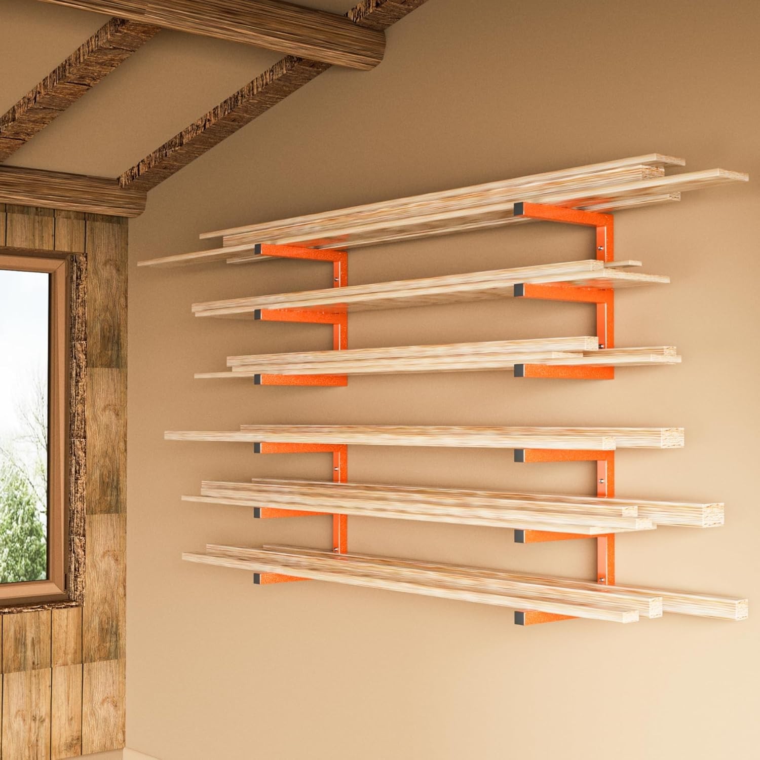 Scratch Resistant Wall Mount Lumber Storage Rack Heavy Duty 1200 LBS Orange