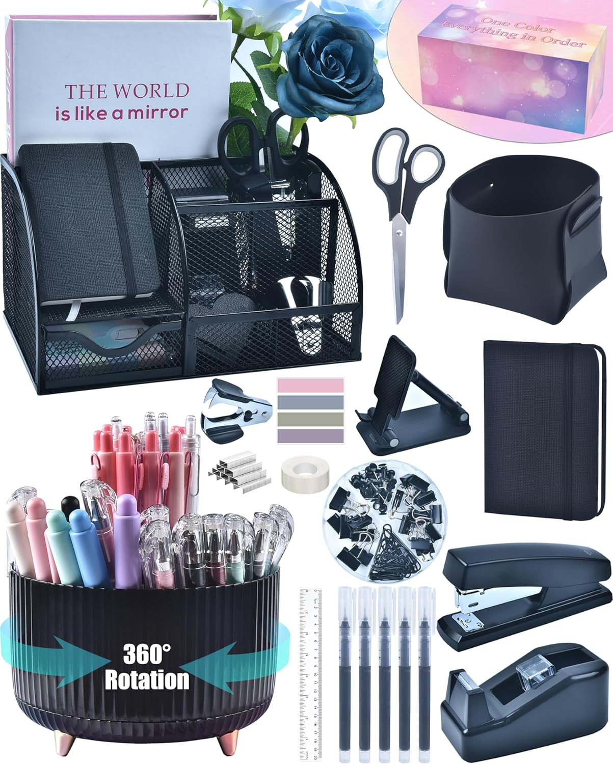20Pcs Black Desk Organizers and Accessories with Mesh Desk Organizer and 360°Rot