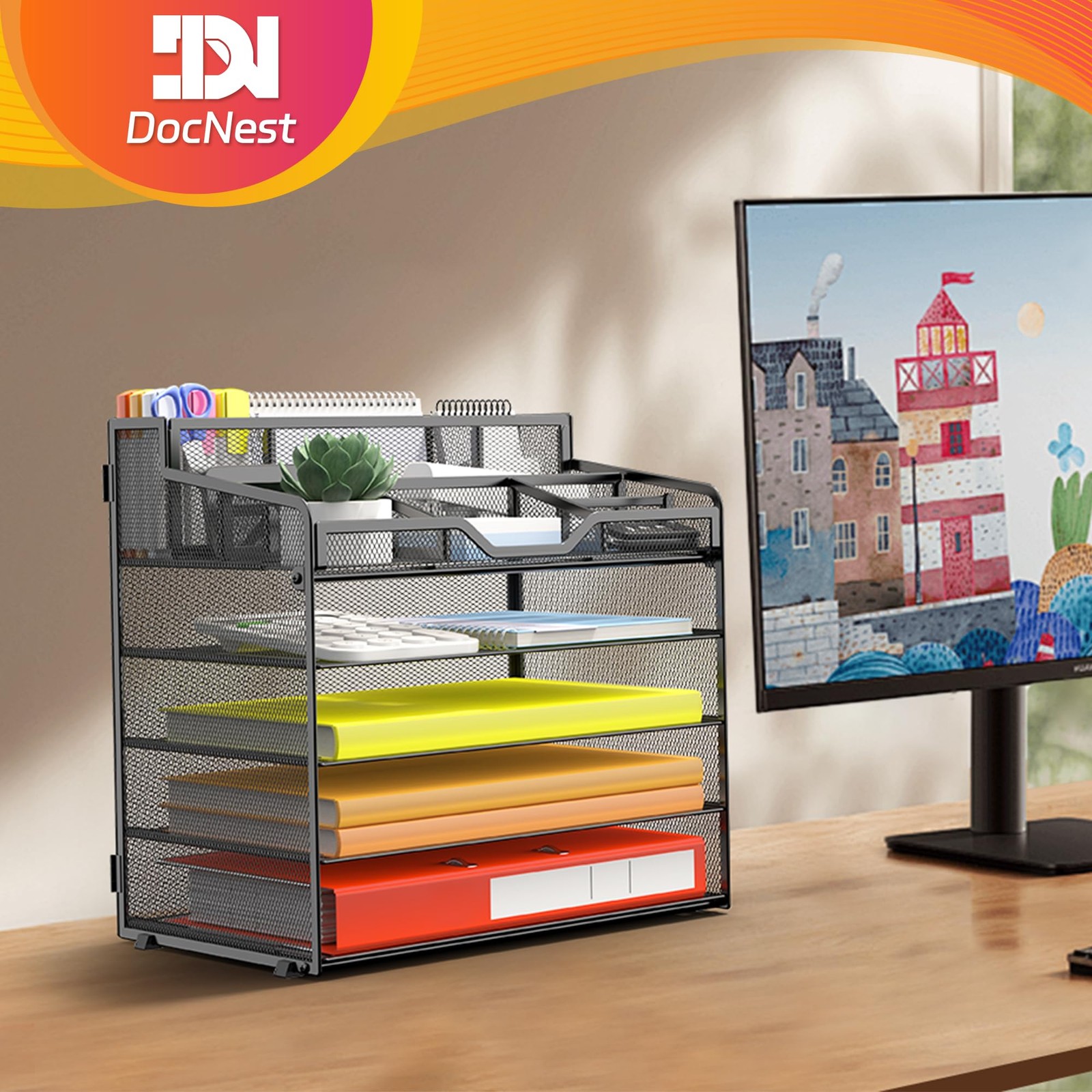 5 Tier Mesh Desk Organizer for Paper Office Supplies – Multi-Functional Lette…