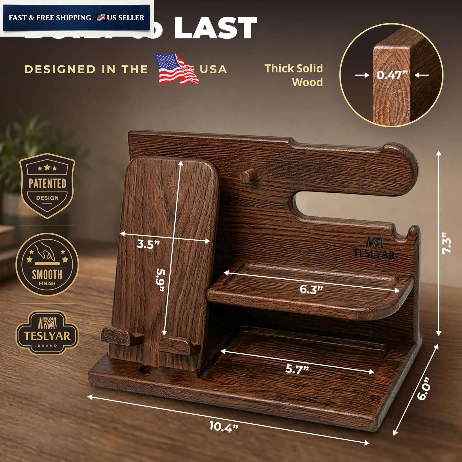 TESLYAR Wood Phone Docking Station for Men – Desk or Nightstand Bourbon Brown