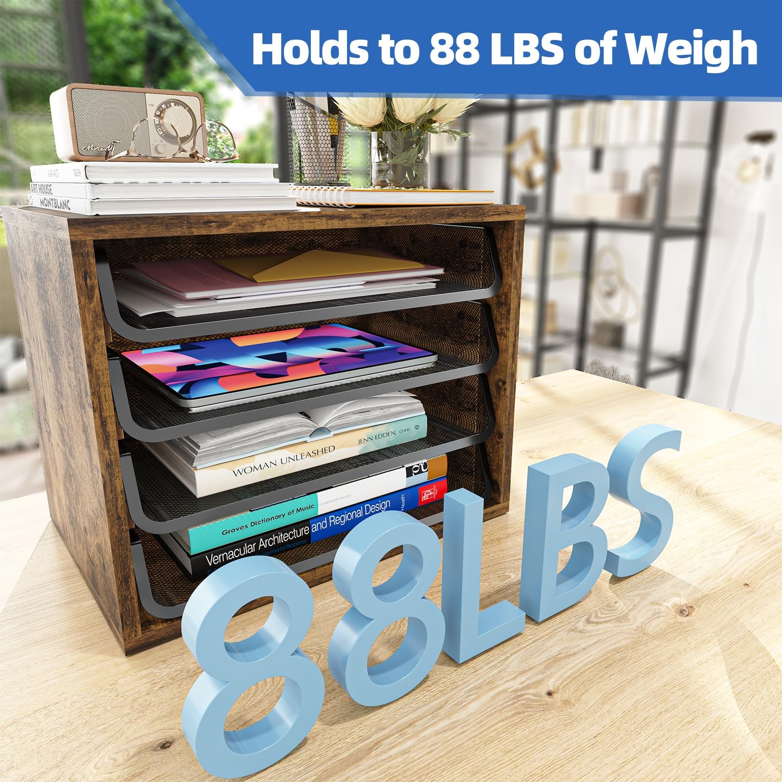 4~Tier Wooden Desk File Organizer with Letter Tray, Rustic Brown