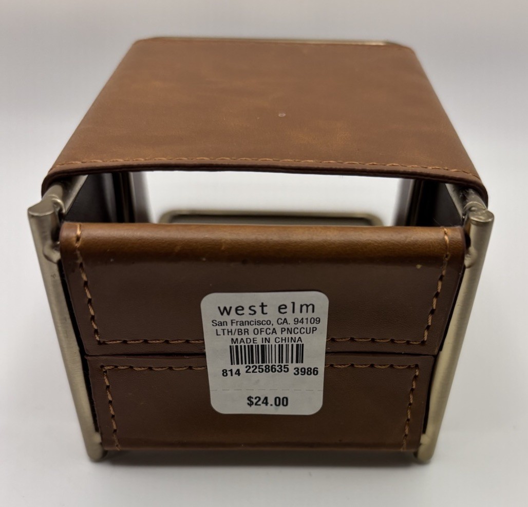 West Elm Leather & Brass Pencil Cup Desk Organizer – Mid-Century Modern – NWT