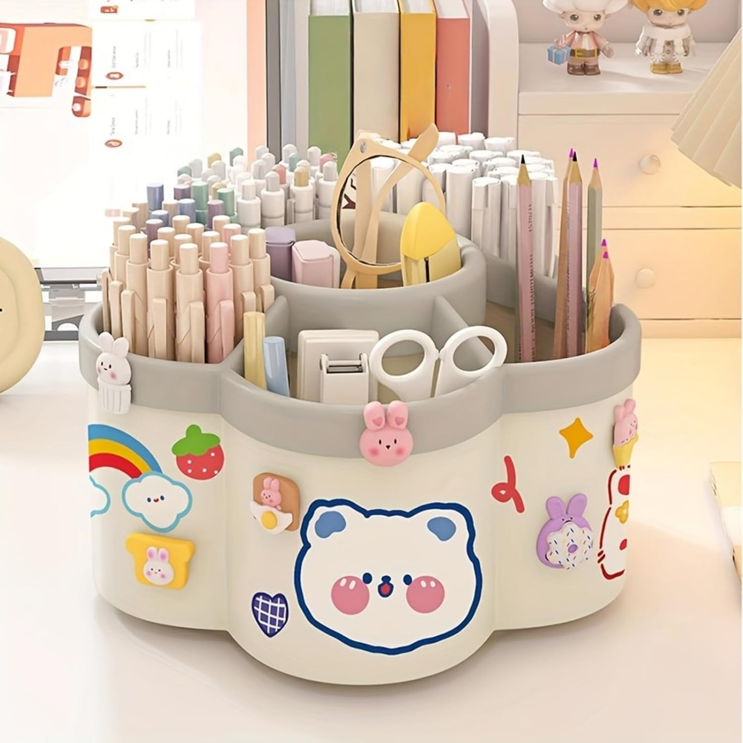 Desk Pencil Pen Holder – 5 Slot 360 Degree Rotating Desk Pen Organizer for Deskt