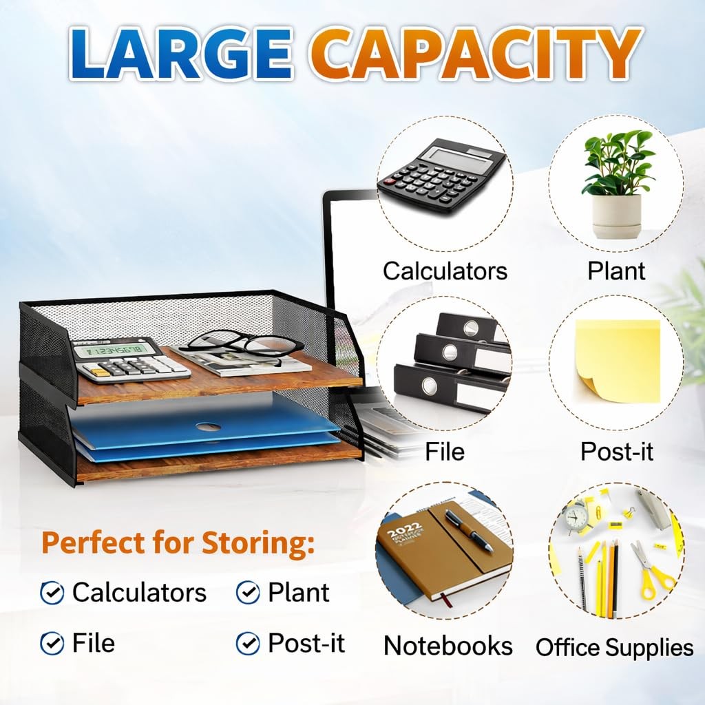 2-Tier Stackable Paper Tray, Metal Mesh Desktop Organizer, Paper Sorter, Lett…