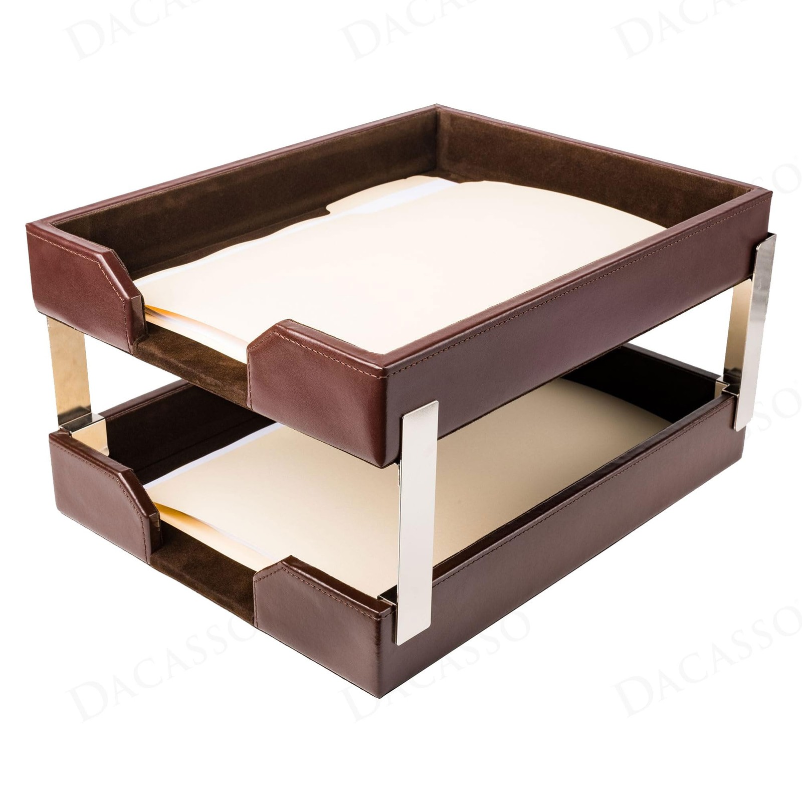Dark Brown Bonded Leather Front-Load Double Letter Tray Set w/Silver Stacking…