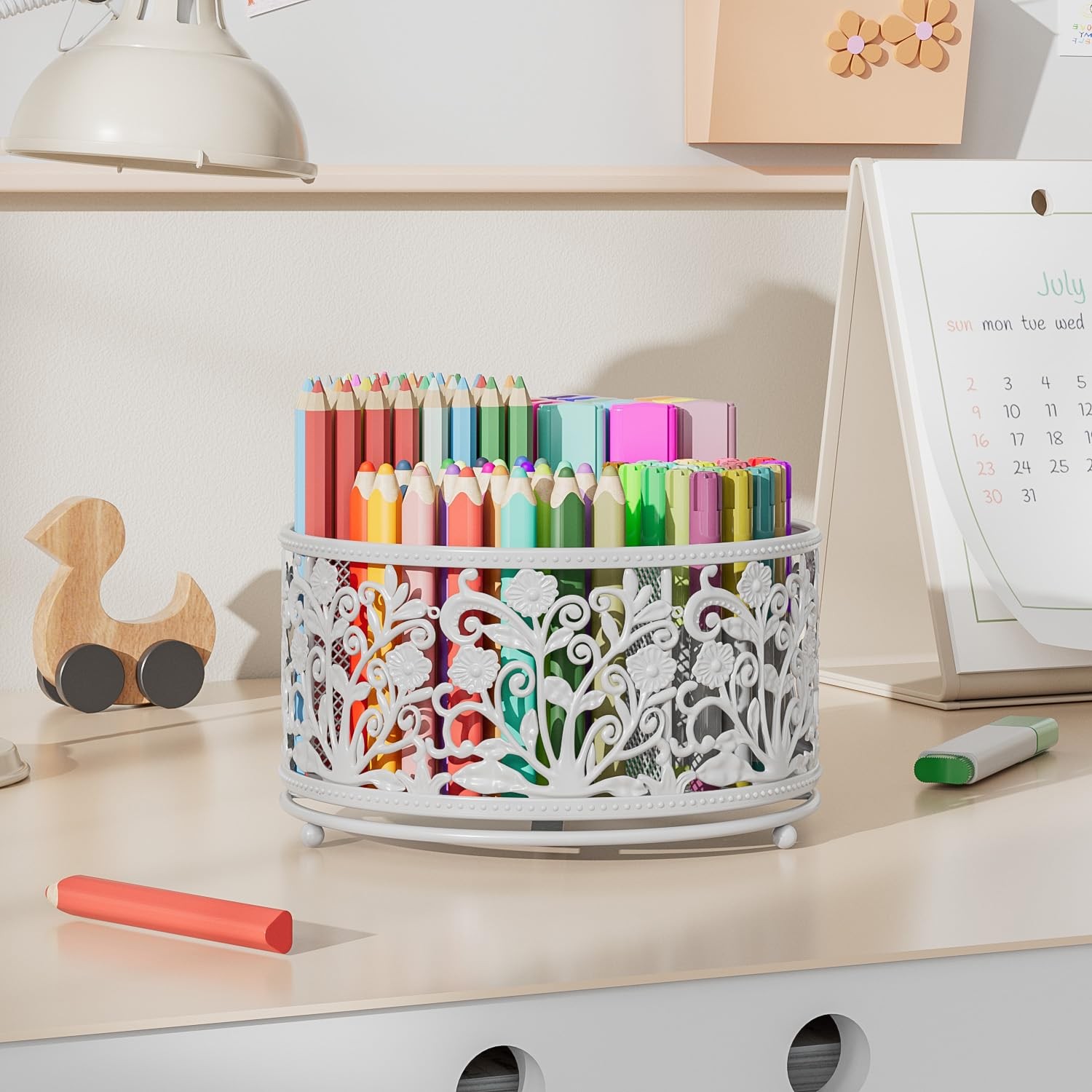 EKNITEY Rotating Mesh Desk Organizer – 4 Slots Cute Pen Pencil Holder White