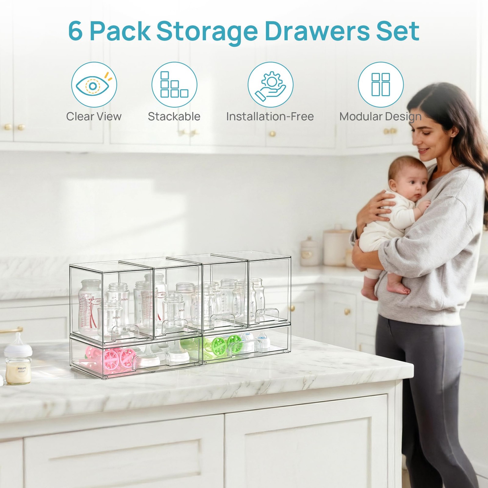 Vtopmart 6 Pack Baby Bottle Organizer Set, 7.5 x 12 x 22 inches, clear