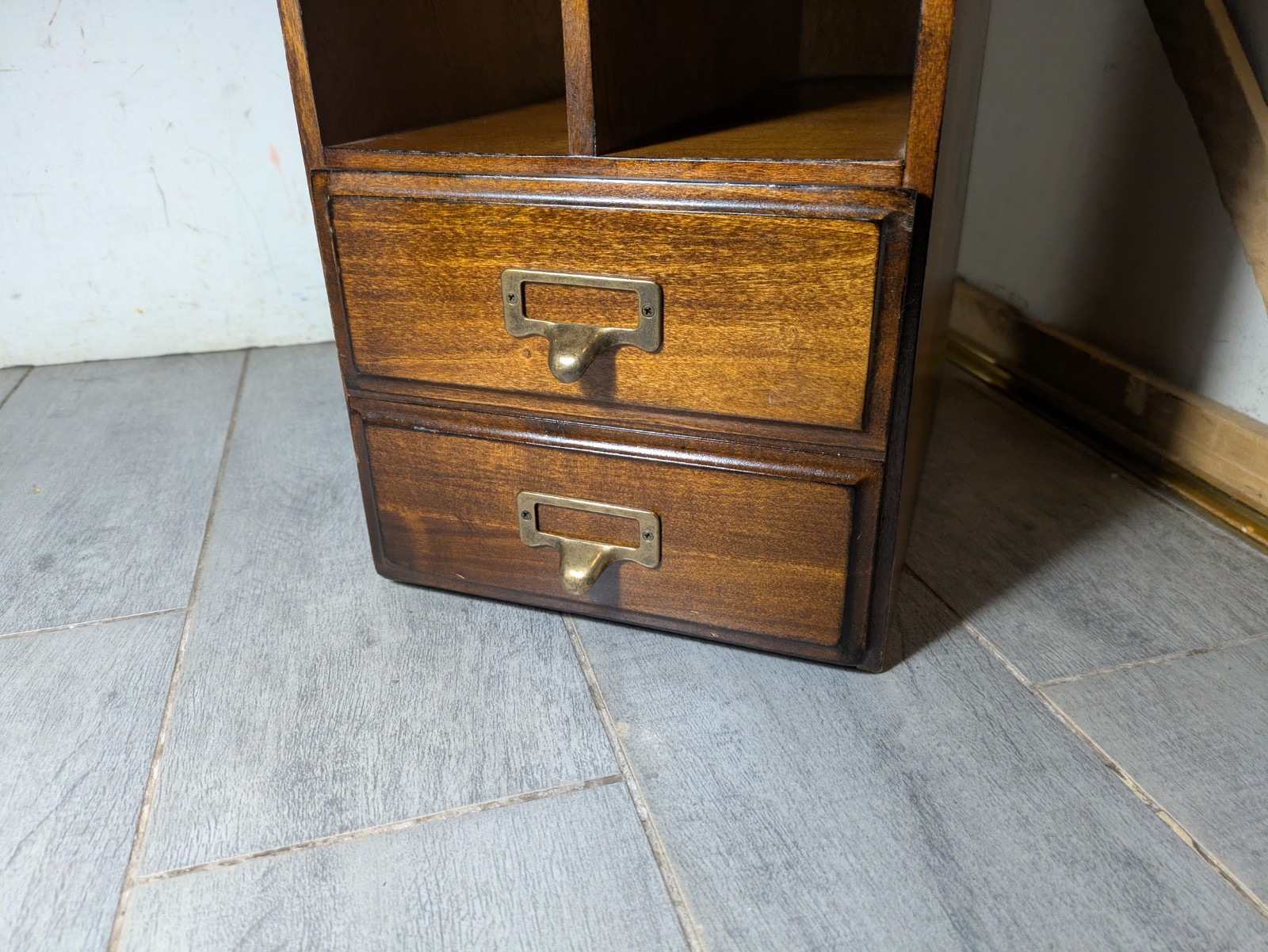 Vintage Wood Desktop Library Organizer Index Card Letter File Box Cabinet Drawer