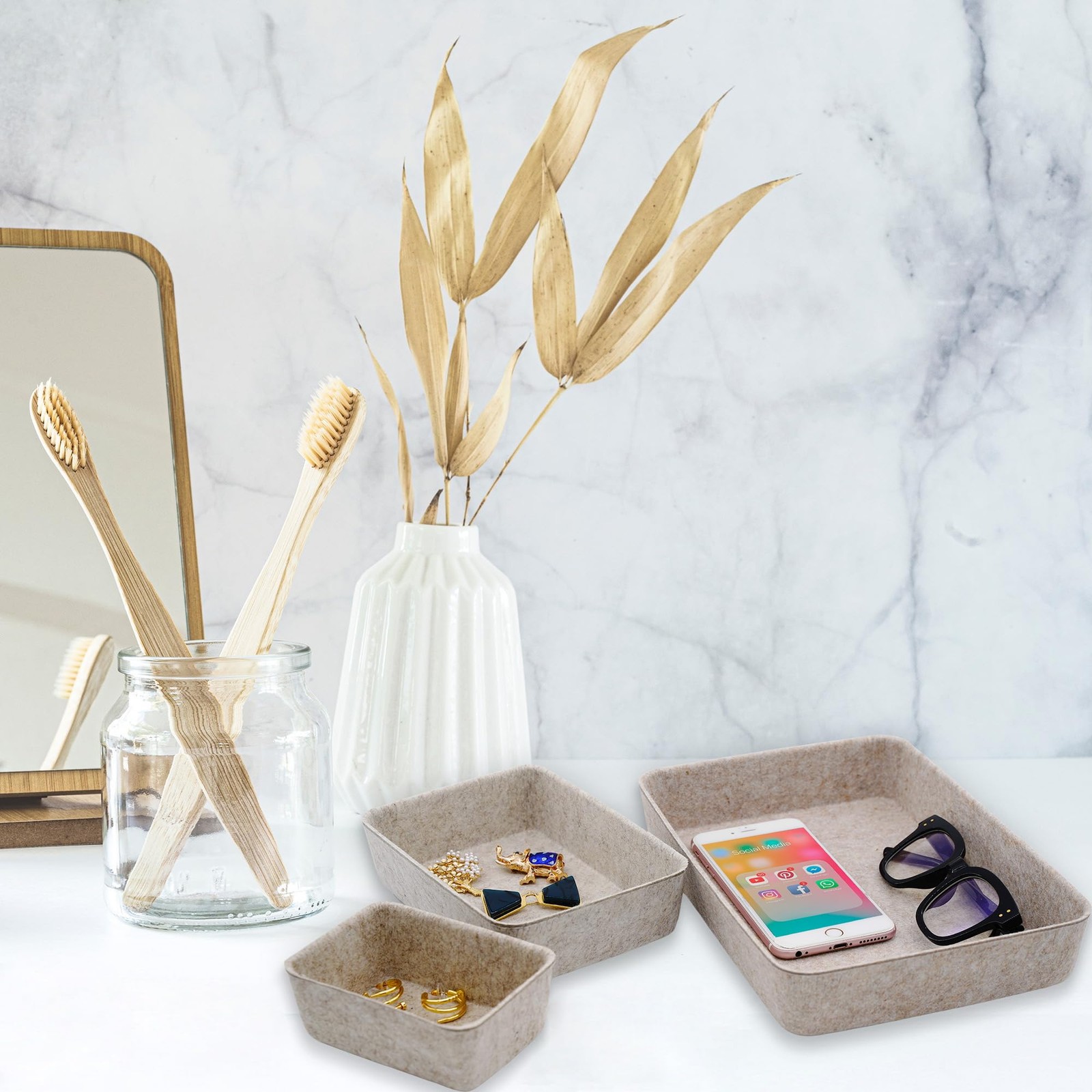 Welaxy Felt Drawer Organizers, 7Piece Desk Tray Set, Oatmeal