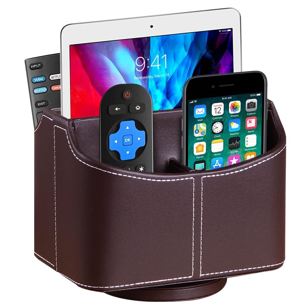PU Leather 360 Rotating TV Remote Control Holder Desk Organizer 5 Compartment
