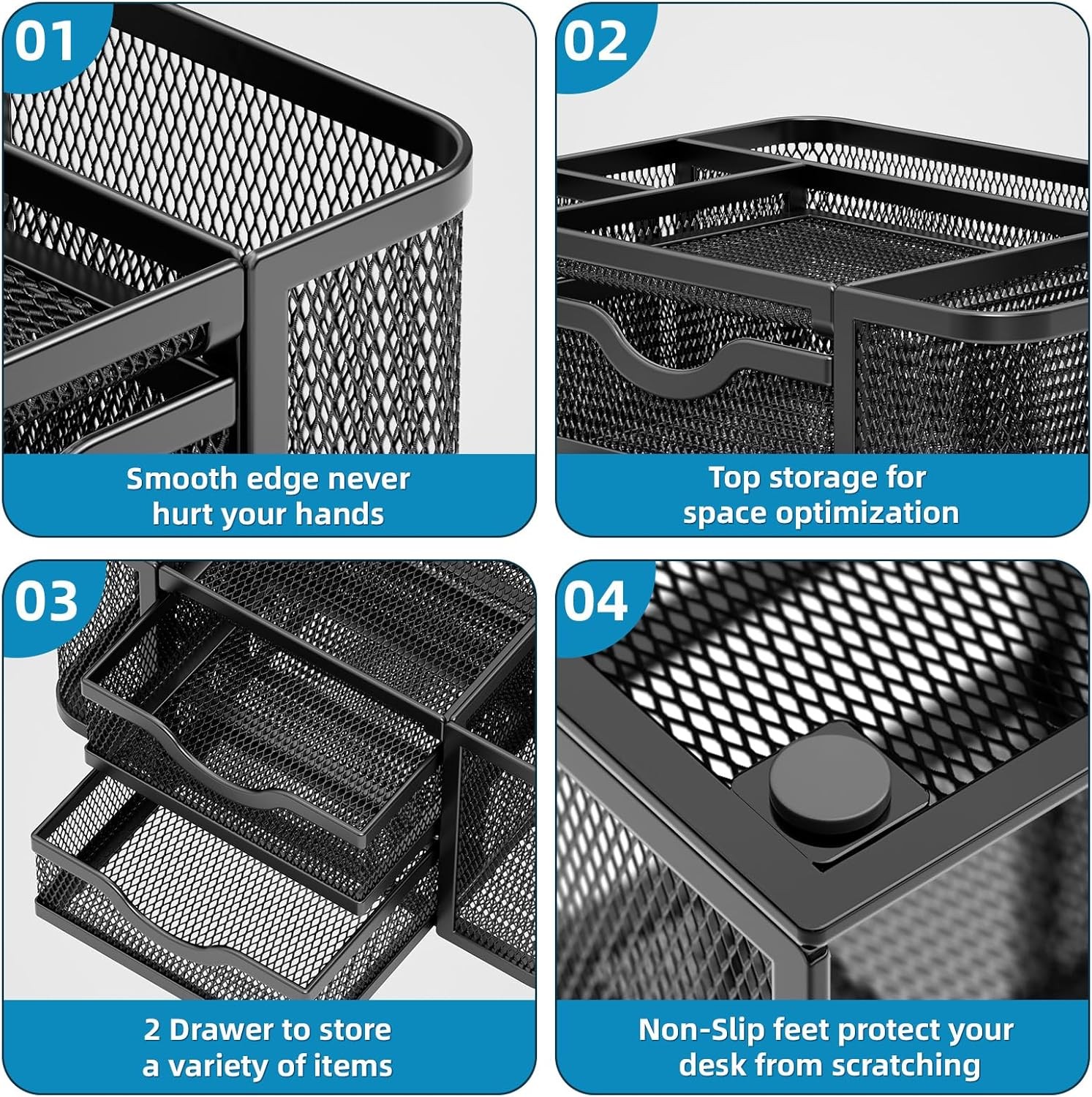 Mesh Desk Organizer, Pen Organizer with 2 Drawer, Multi-Functional Pencil Holder