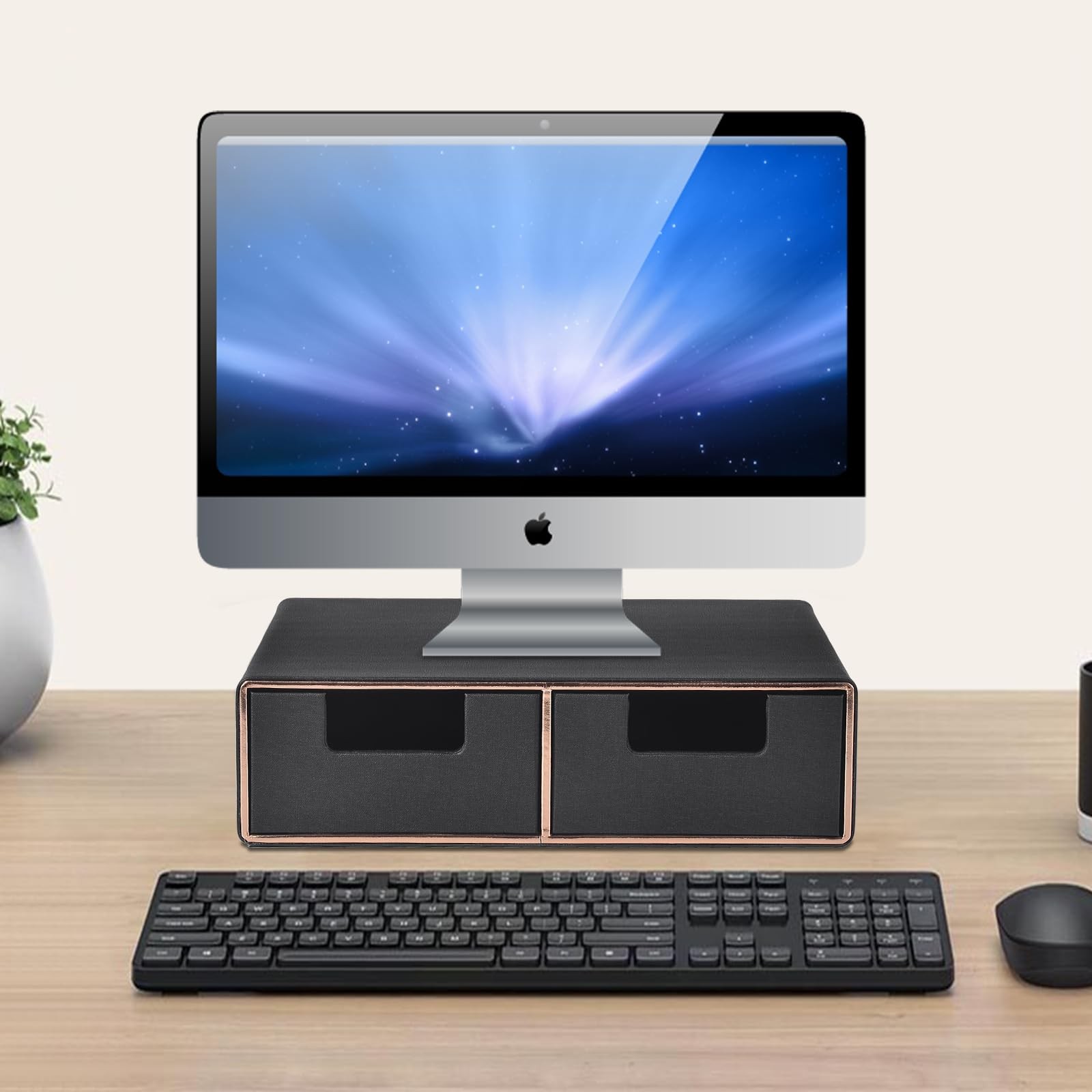 Linen Leather Desk Organizer and monitor stand with Drawers－Mini Desktop Draw…