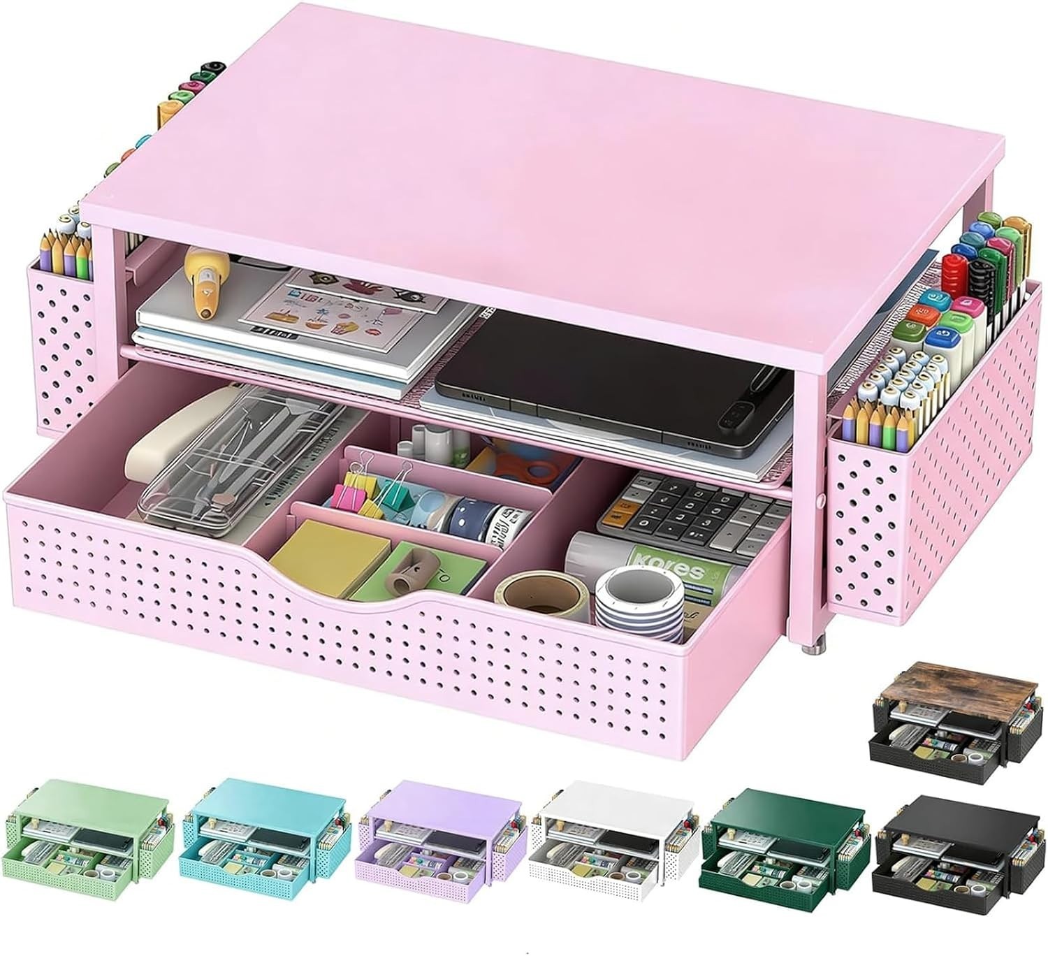 Ergonomic Desk Organizer: Pink Monitor Stand with Space-Saving Drawer & Holders