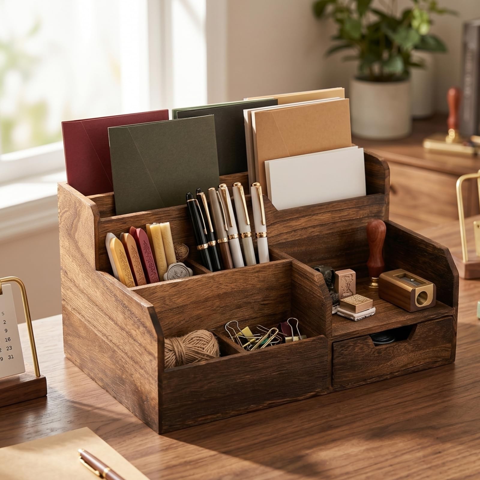 Pumtus Brown Wooden Desk Organizer, Mail Organizer with 7 Compartments