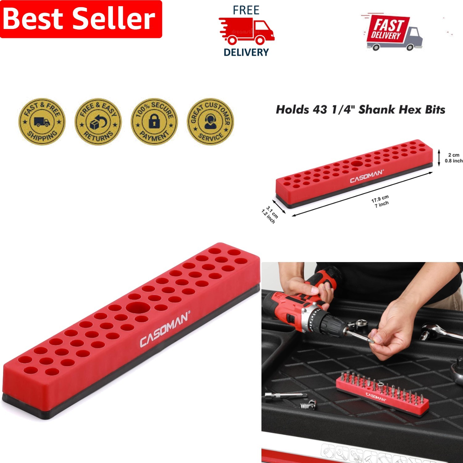 43 Hole Magnetic Bit Organizer – Lightweight Red Tool Storage for Easy Access