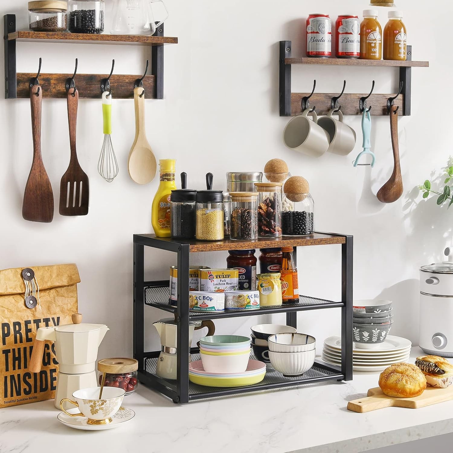 YMYNY Desktop Printer Stand, 3 Tiers Desk Organizer with Rustic Brown
