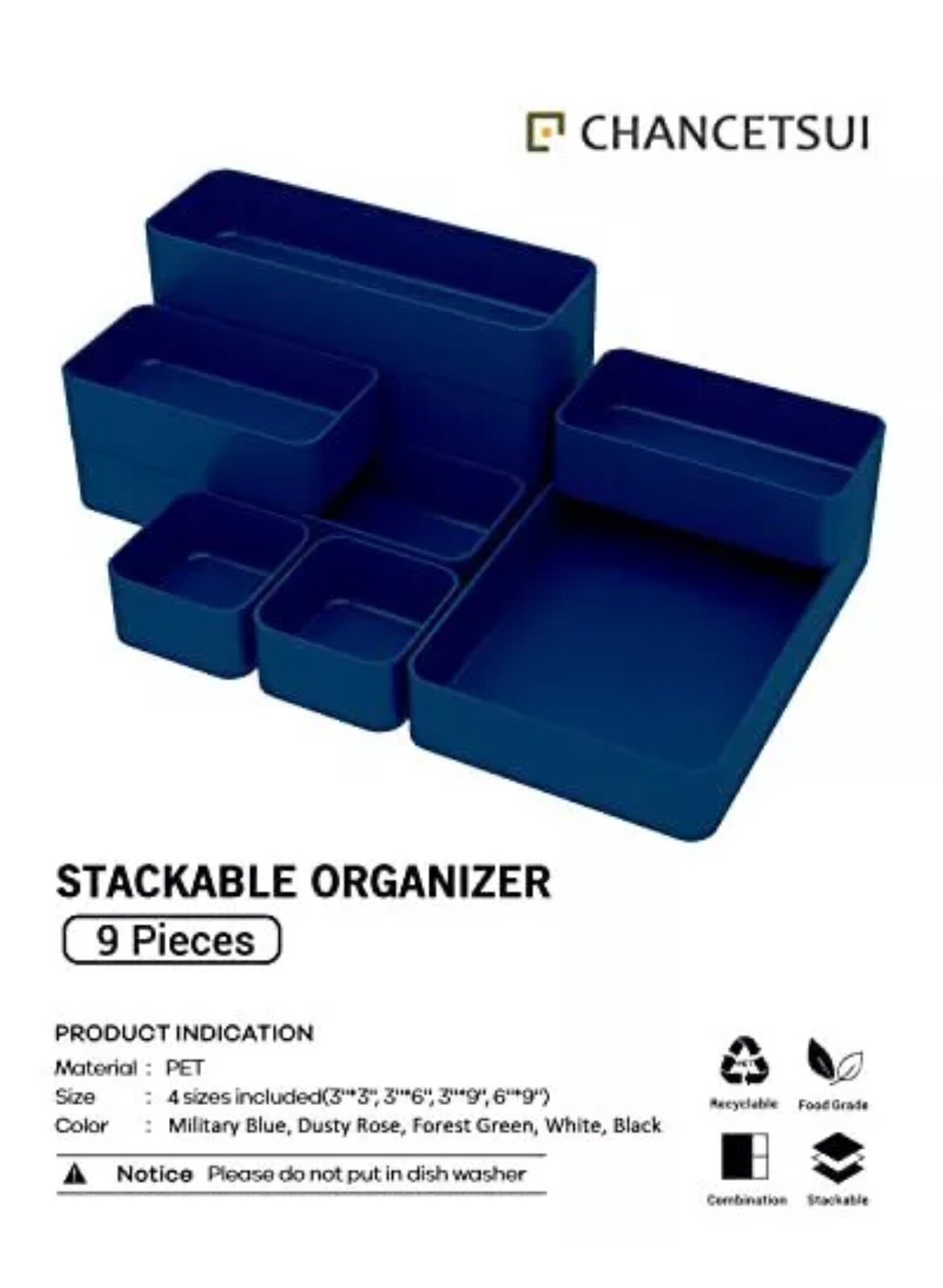 New Chancetsui 9 Pcs Stackable Drawer Organizer Trays Set Navy Blue