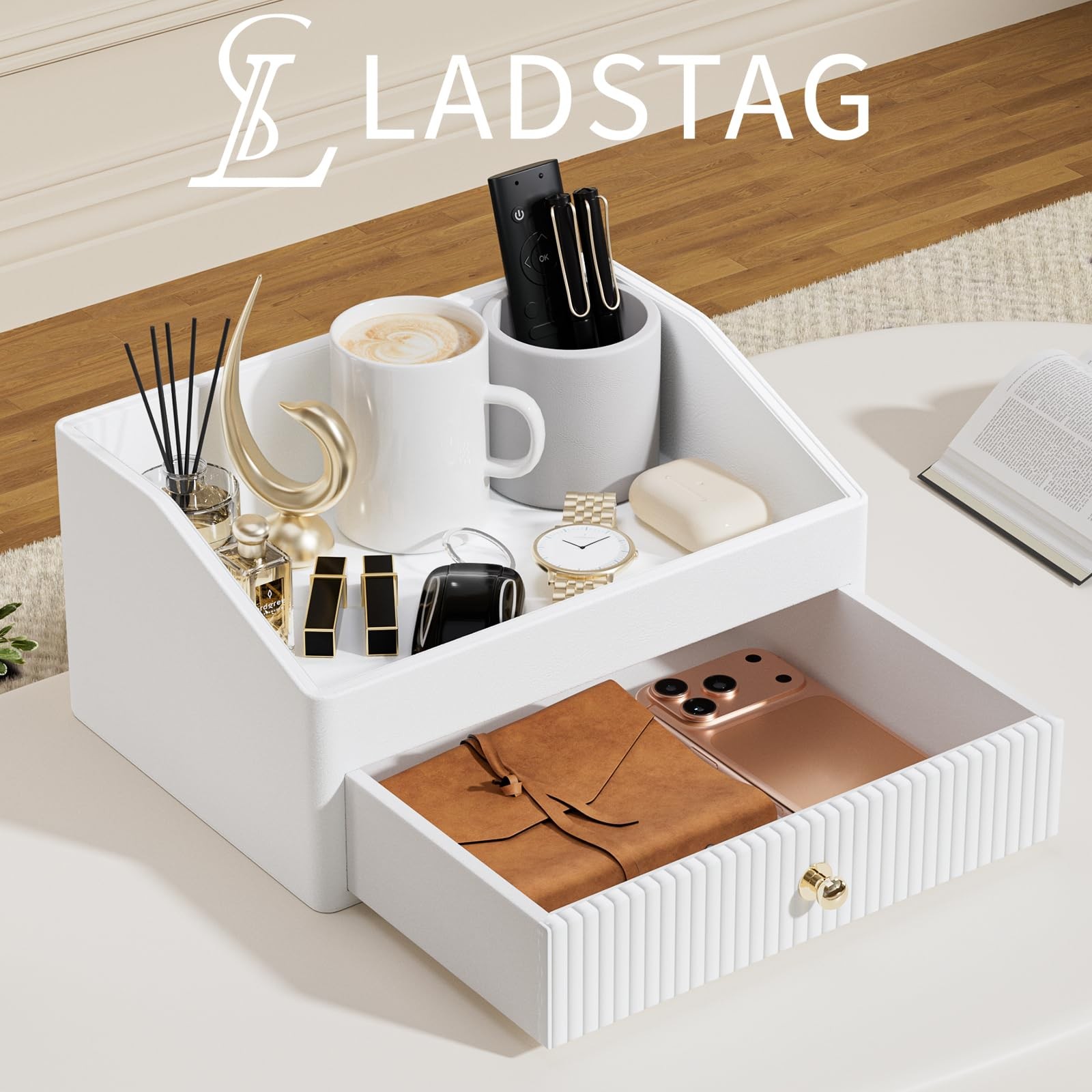LADSTAG Office Desk Accessories,Beige White Vegan Leather 2 layers,