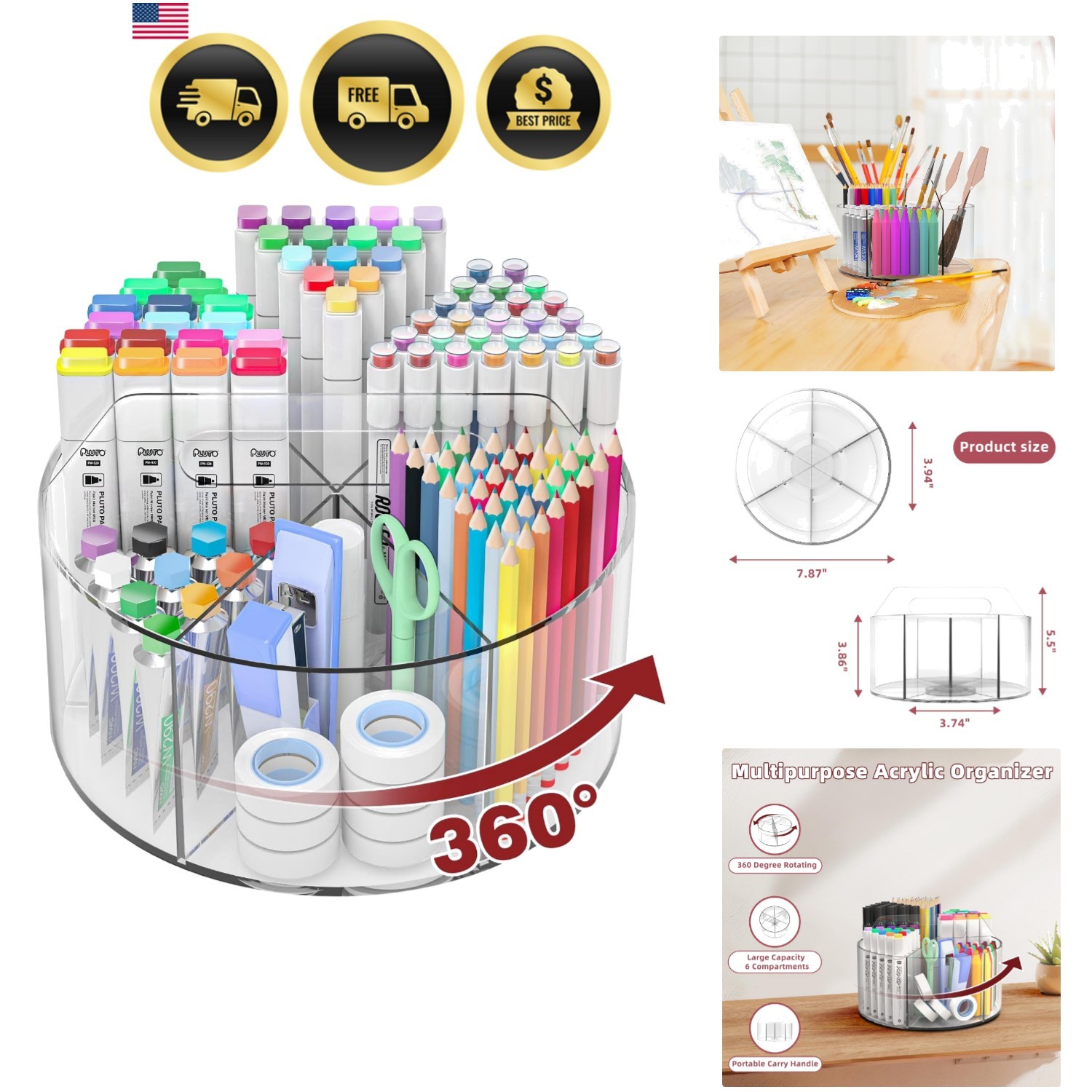 250pcs Acrylic Pencil Holder Marker Organizer, 360-Degree Rotating Pen Holder…