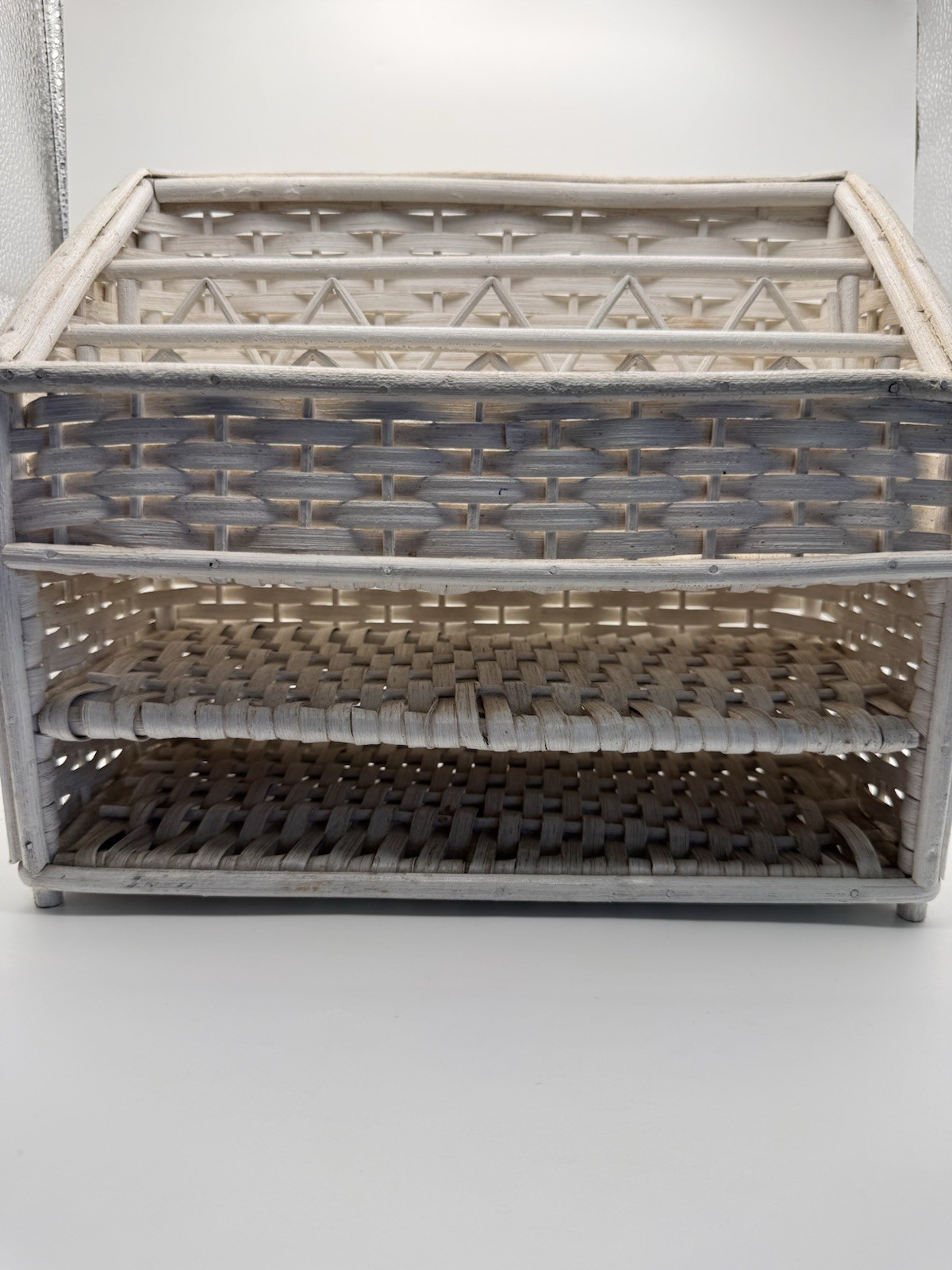 White Wicker Rattan Desk Top Organizer Office Mail Sorter Sturdy Letter Holder