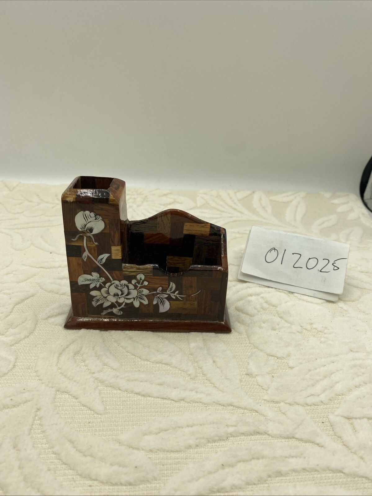 Handmade Laquered Wood Business Card & Pencil Holder With Inlaid Shell Design