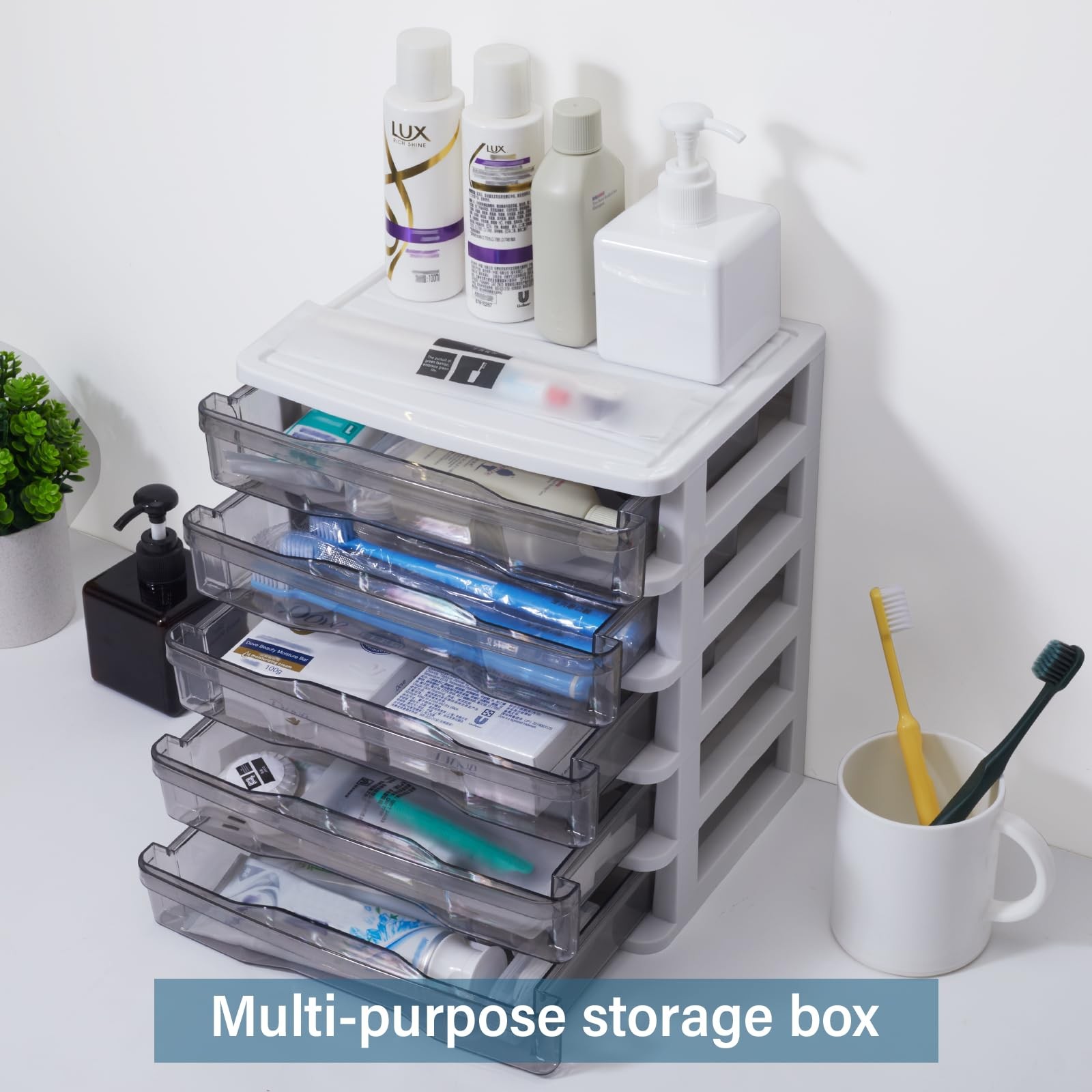 Charmewooden Plastic Drawers 5 Layer Desktop Storage, Small Organizer White