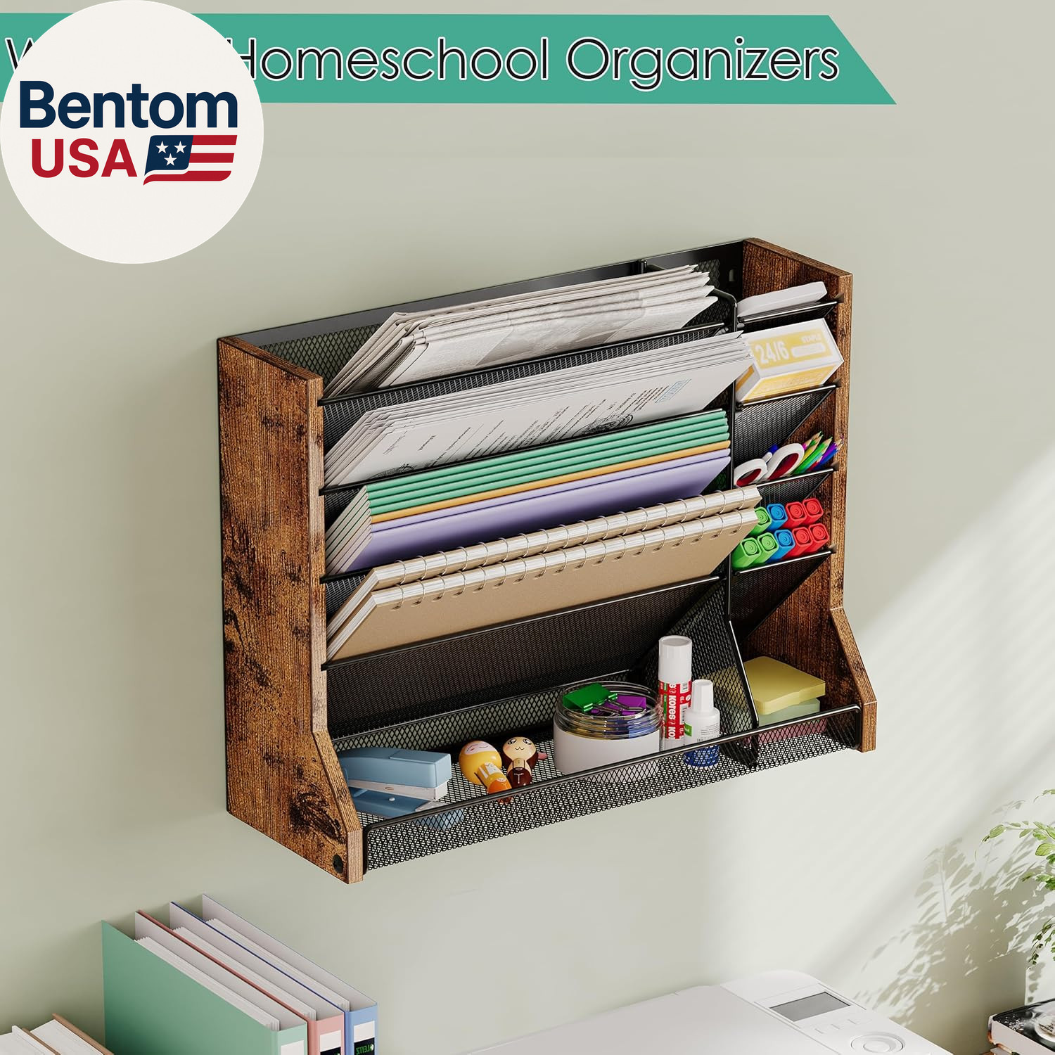 Wall Desk File Organizer 5 Tiers, Ironwood Hanging File Organizer with R-Shaped