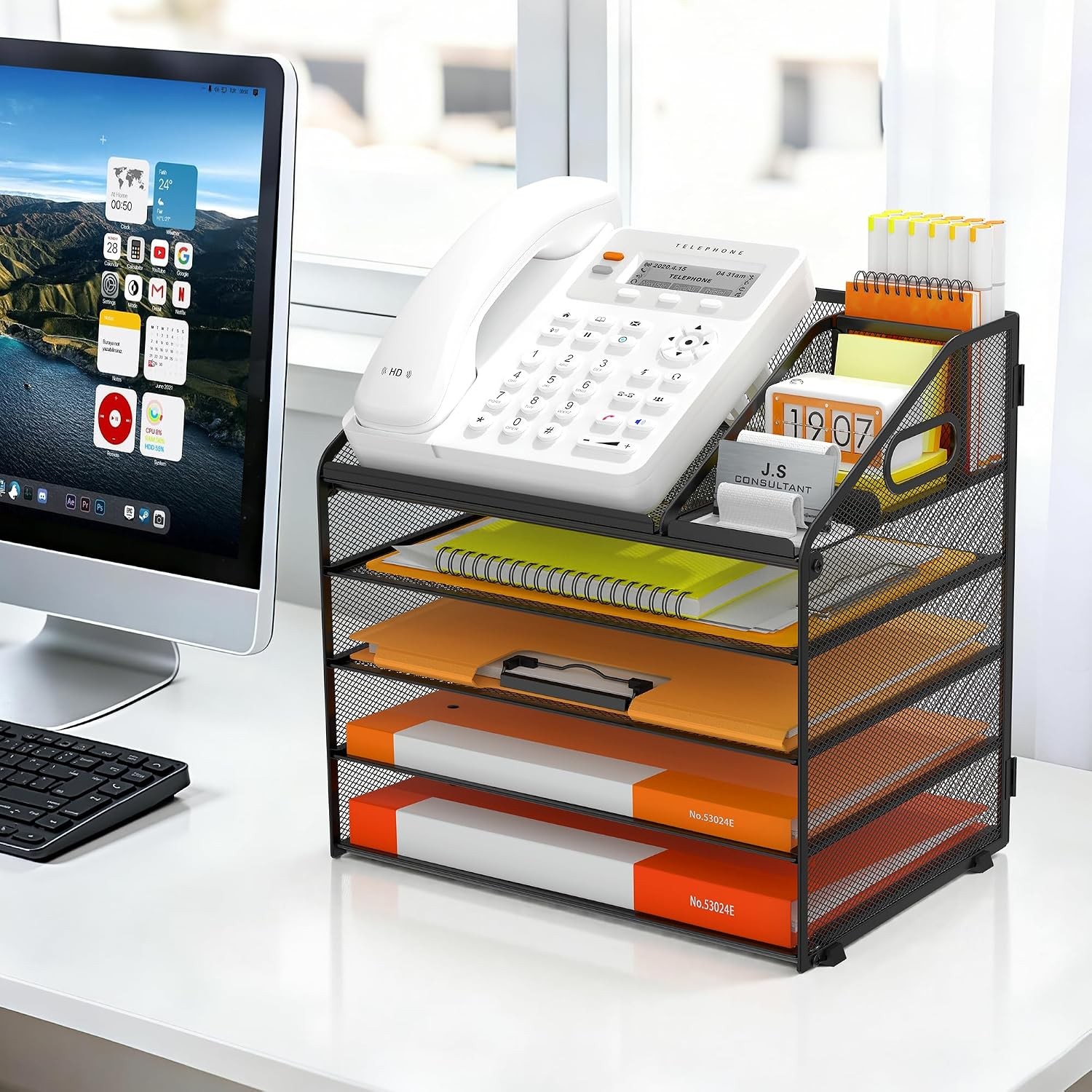 5 Tier Metal Mesh Letter Tray Space Saving Desk File Organizer W/ Handle Pen