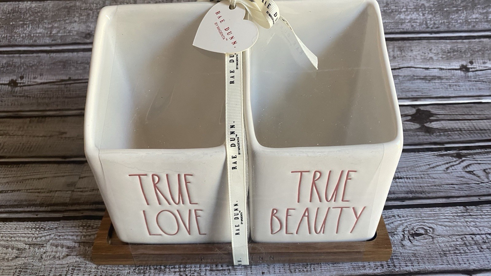 Rae Dunn Desk Set – True Love/Beauty Red White Pen holders Wood Stand Ceramic