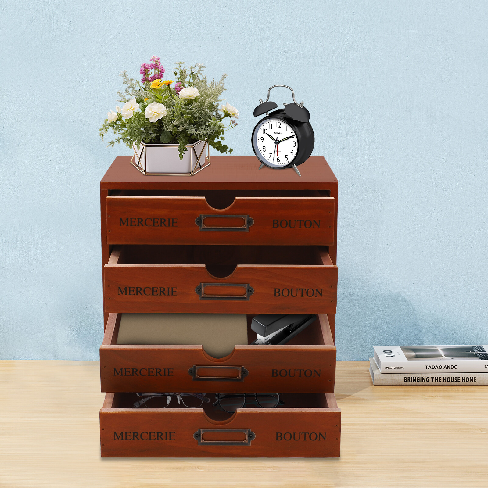 Desk Organizer with 4 Drawers, Vintage Wooden Storage Box Drawer Organizer NEW