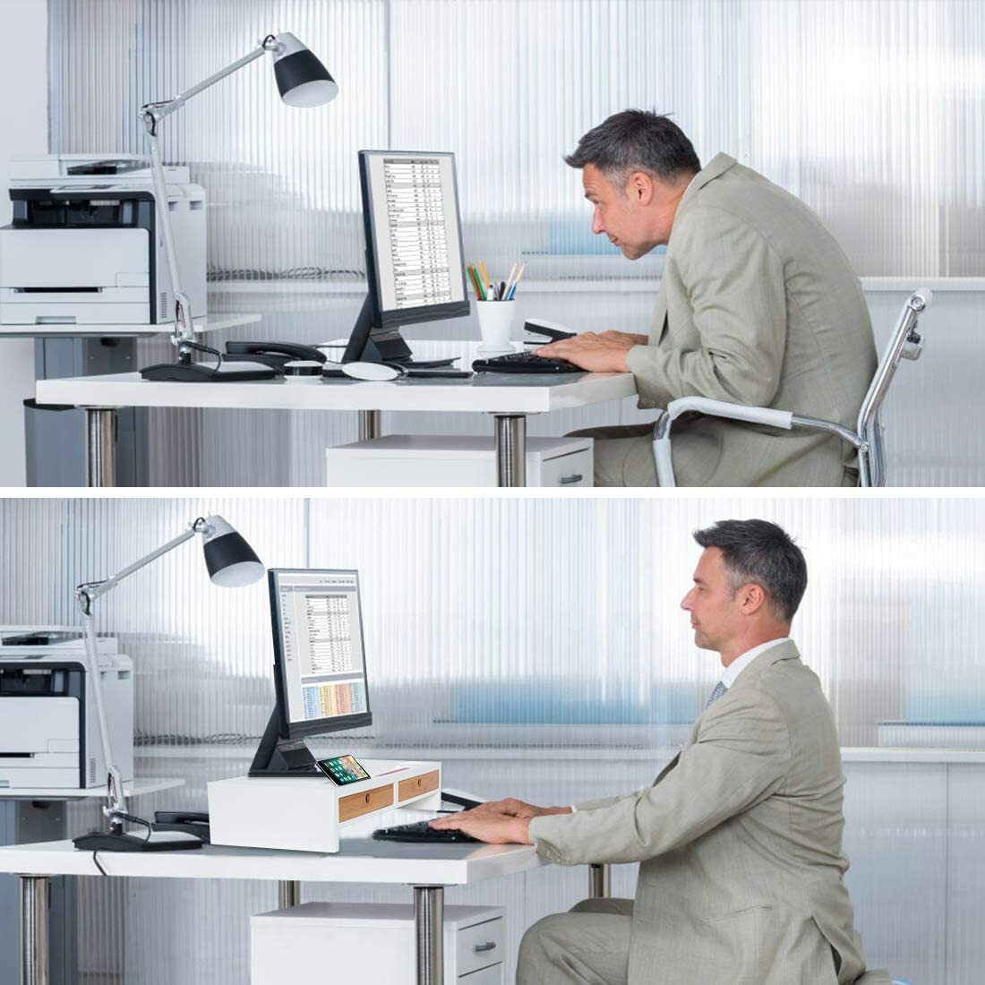 Computer Monitor Stand with Drawers – White Wood Laptop Screen Printer TV Riser
