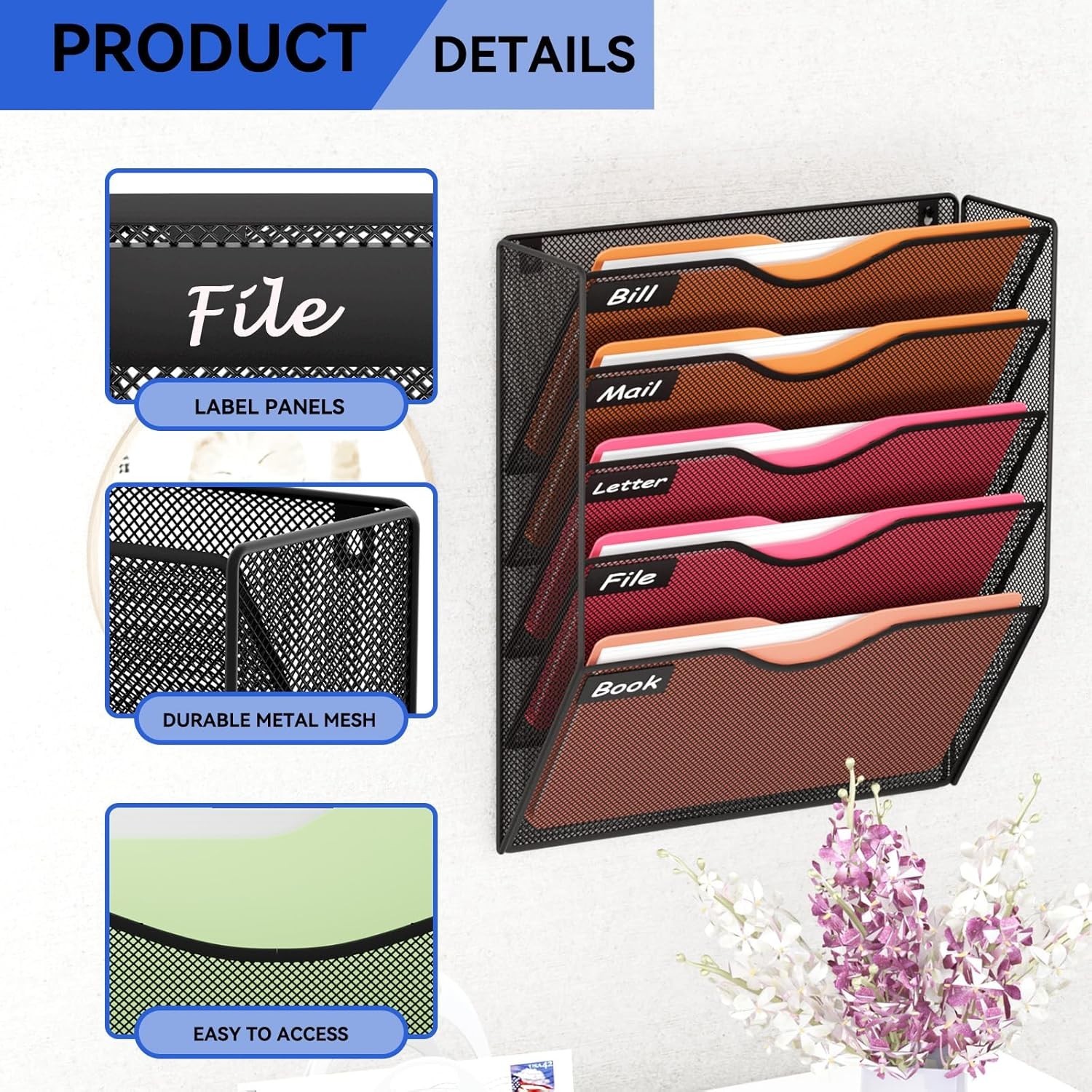 5 Pockets Mesh Hanging Wall File Holder Organizer Wall Mounted Paper Magazine…