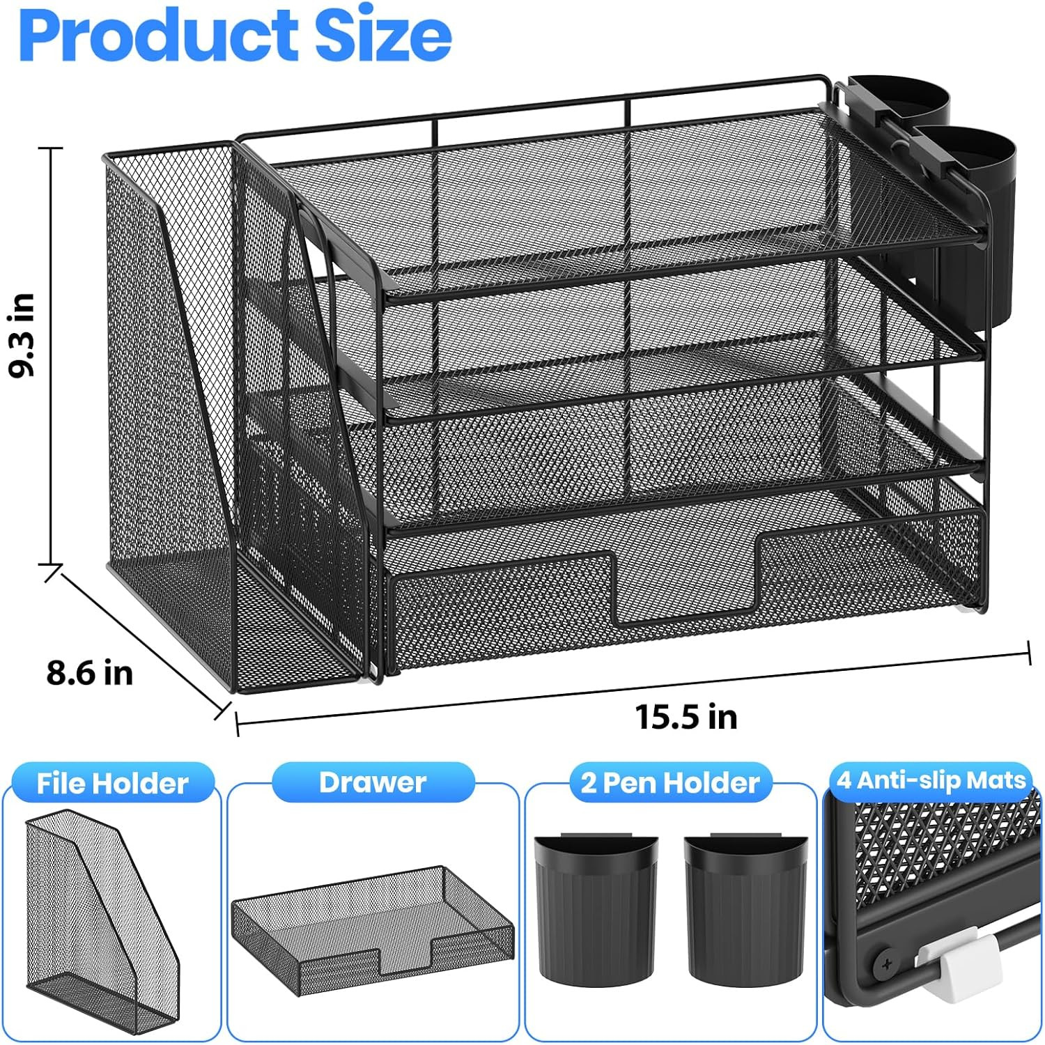 Desk Organizer, 4-Tier Desktop File Organizer with Drawer and 2 Pen Holders, Off